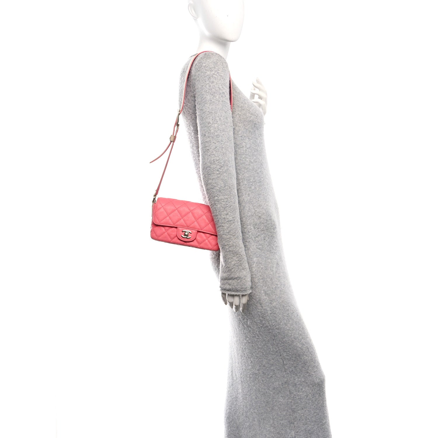 Iridescent Caviar Quilted Mini Flap With Thick Strap Pink Beige