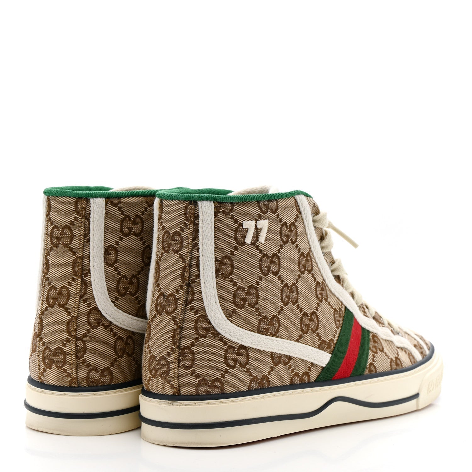 GG Monogram Web Womens 1977 Tennis High Top Sneakers 37.5 Beige Ebony Mystic White