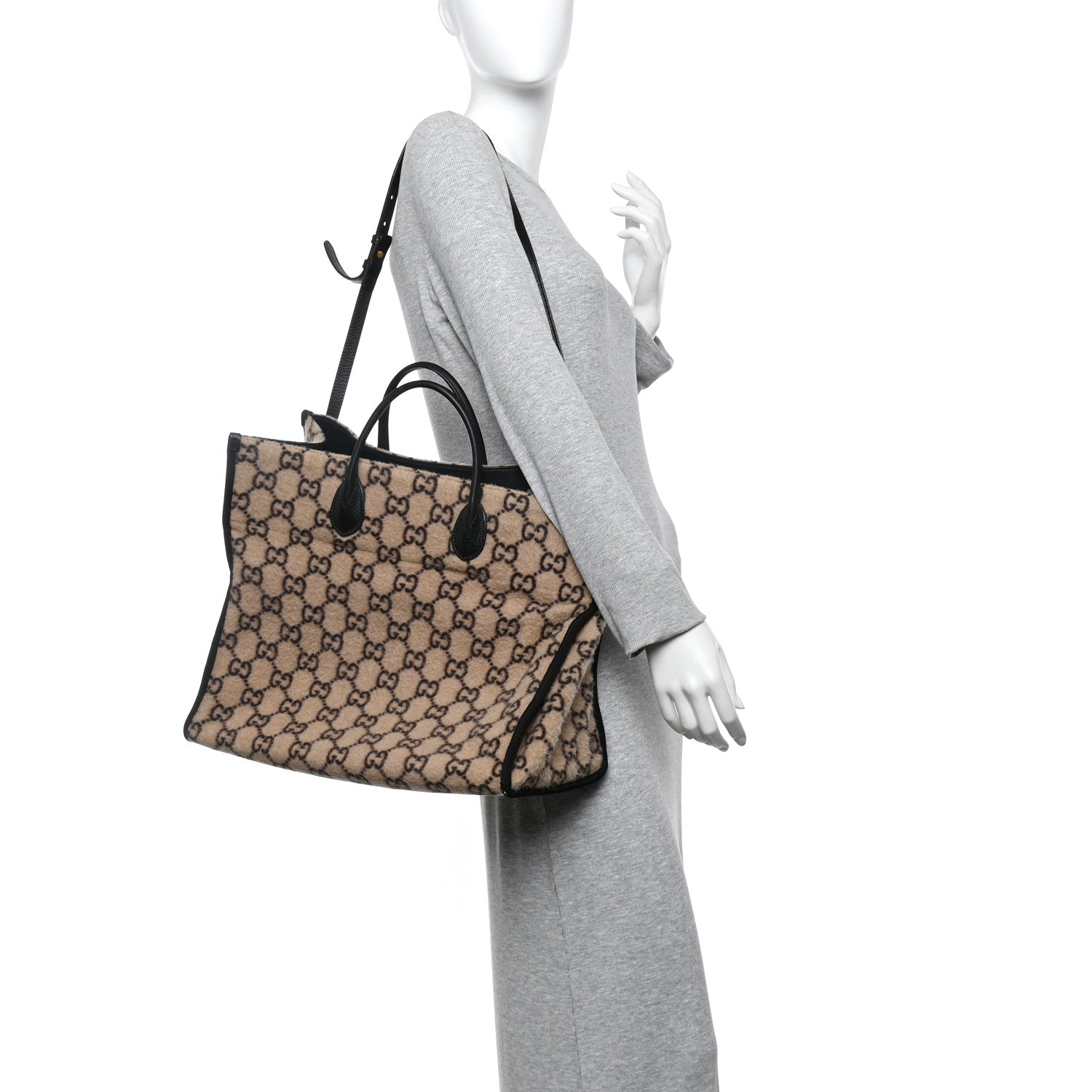 Covered Wool GG Monogram Large Tote Bag Beige Ebony