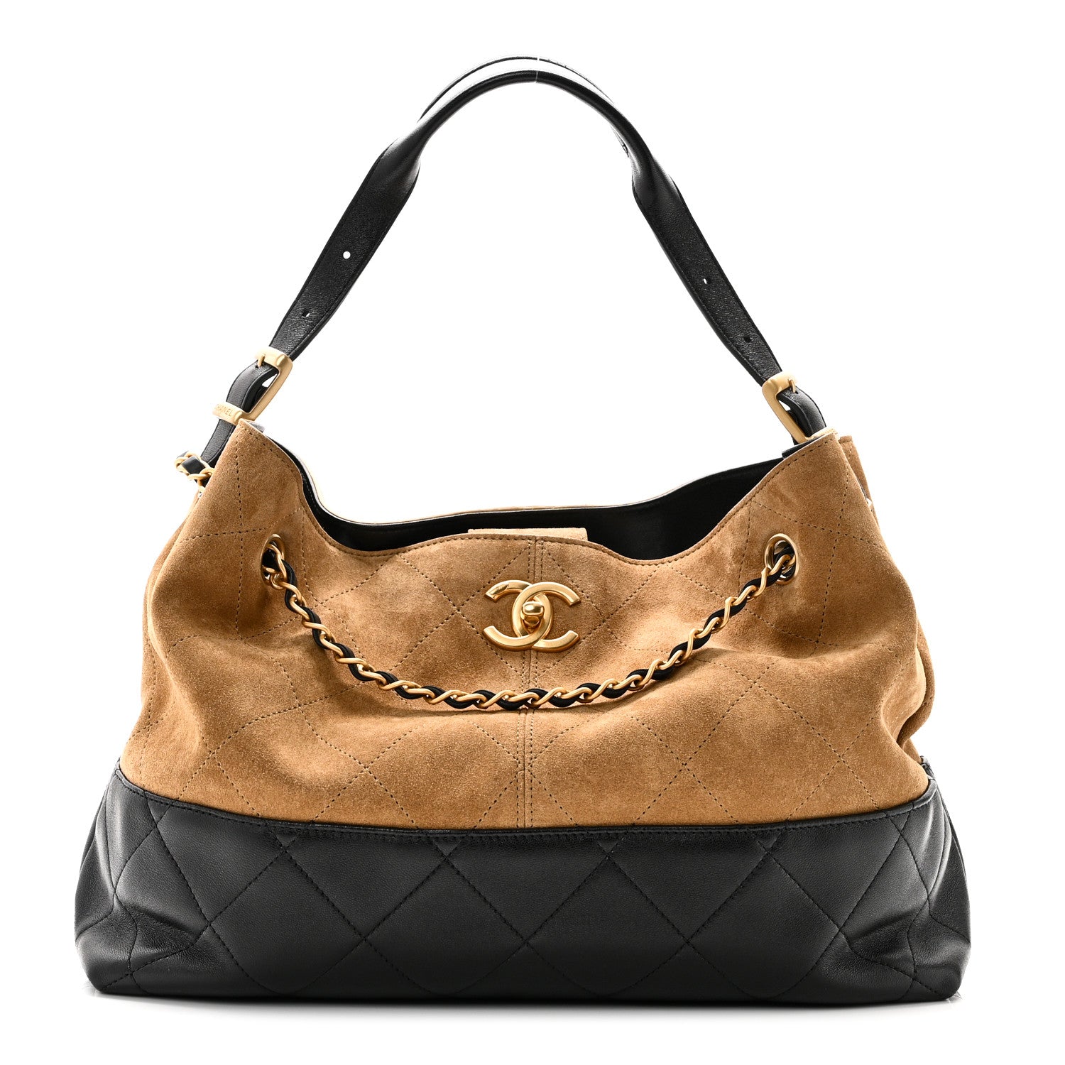 Suede Calfskin Shiny Lambskin Quilted Small Shopping Bag Beige Black