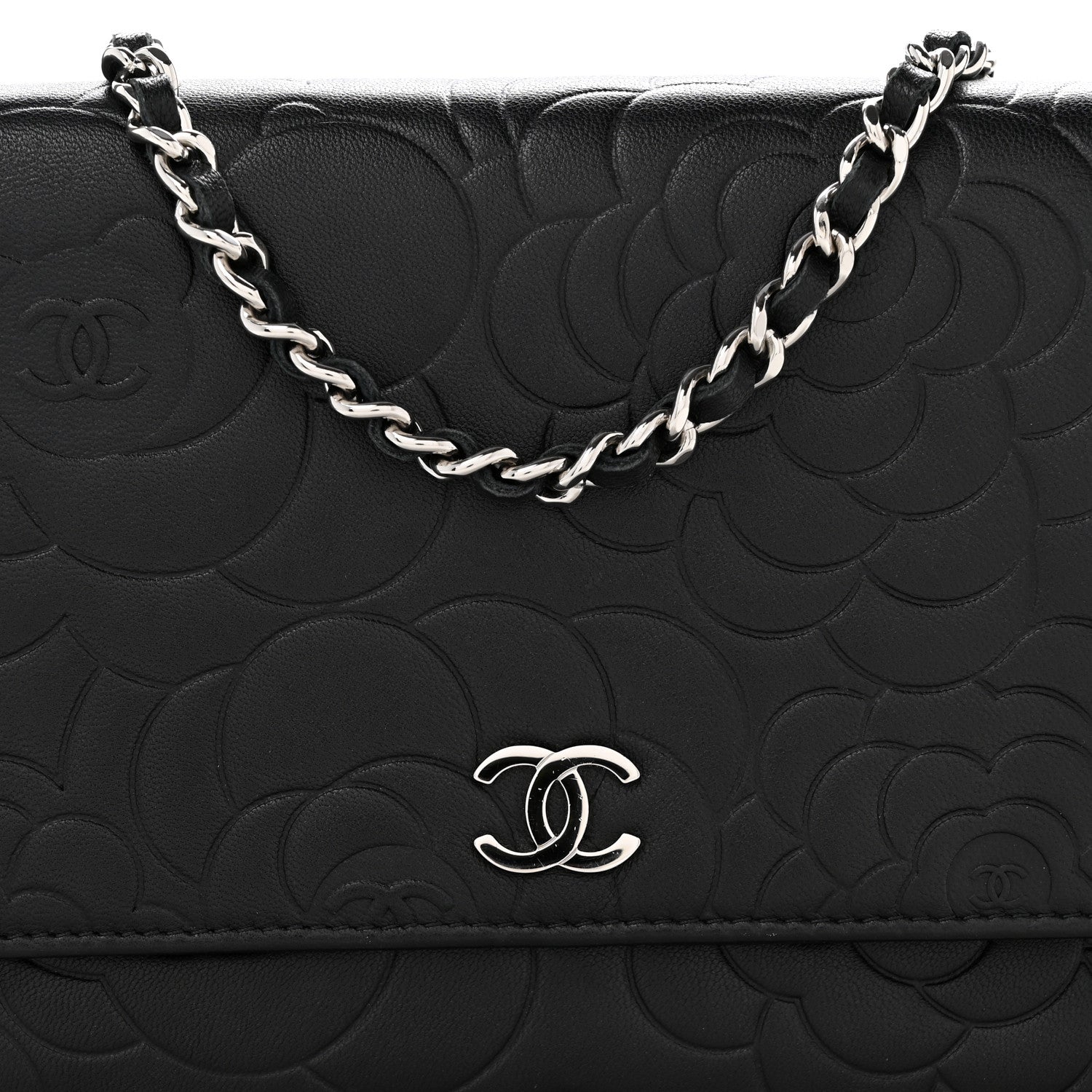 Lambskin Camellia Embossed Wallet On Chain WOC Black