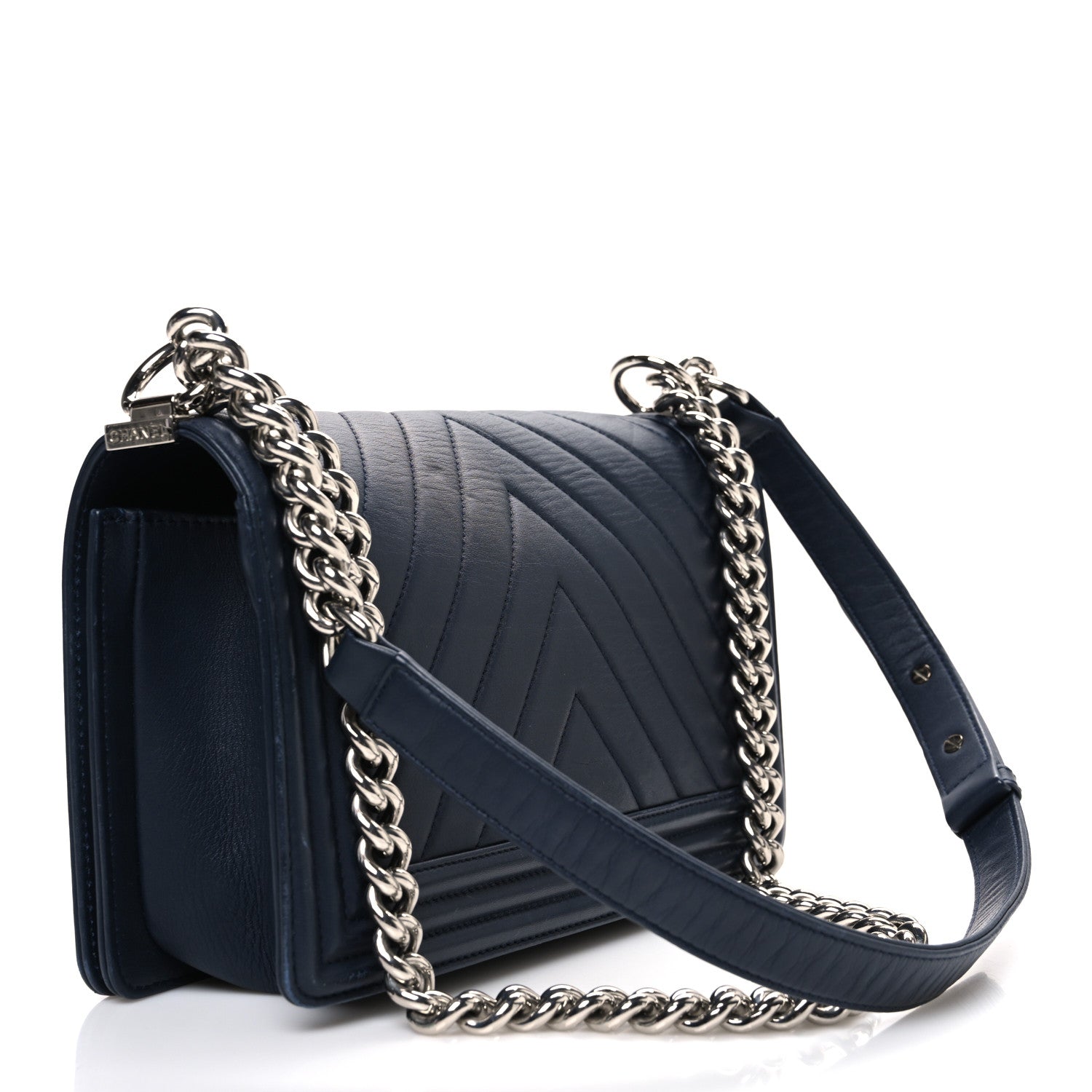 Lambskin Chevron Quilted Medium Boy Flap Navy Blue