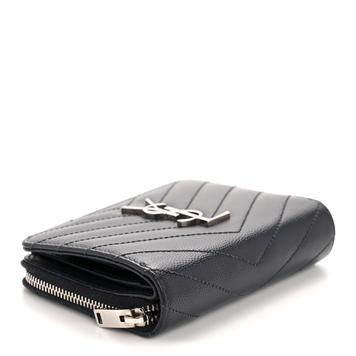 Grain De Poudre Matelasse Chevron Monogram Compact Zip Around Wallet Deep Marine