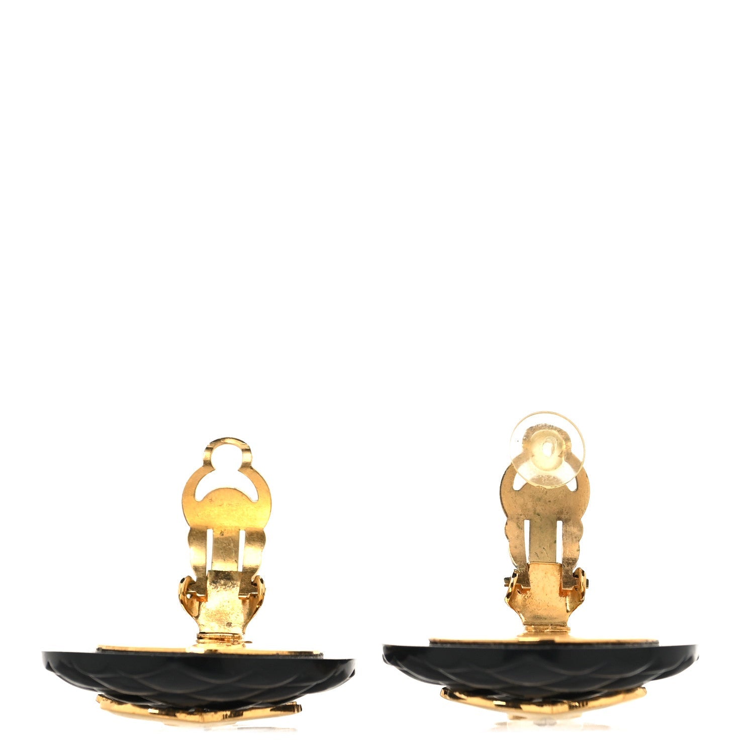 Enamel Quilted CC Clip On Earrings Black Gold