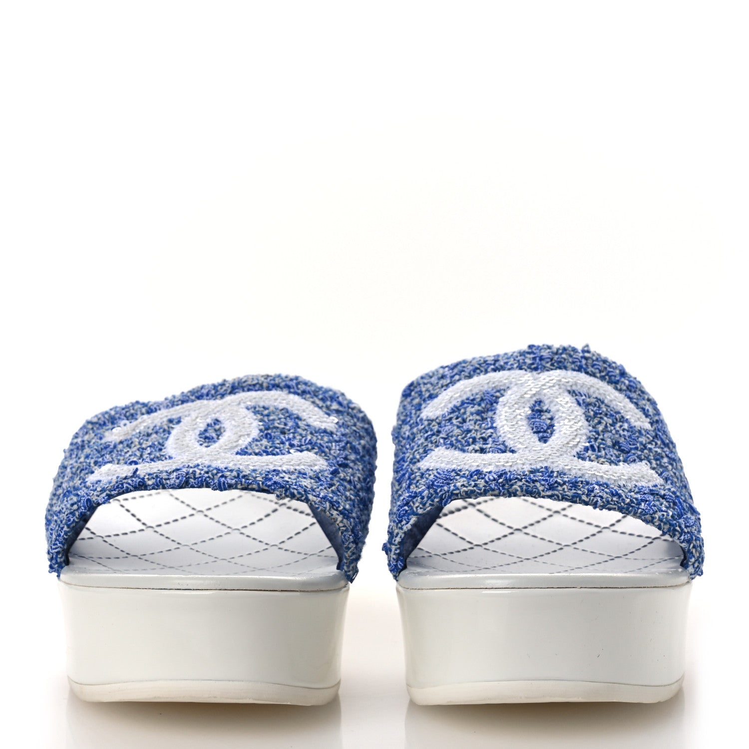 Tweed Sequin Patent Calfskin CC Mule Sandals 41 Blue White