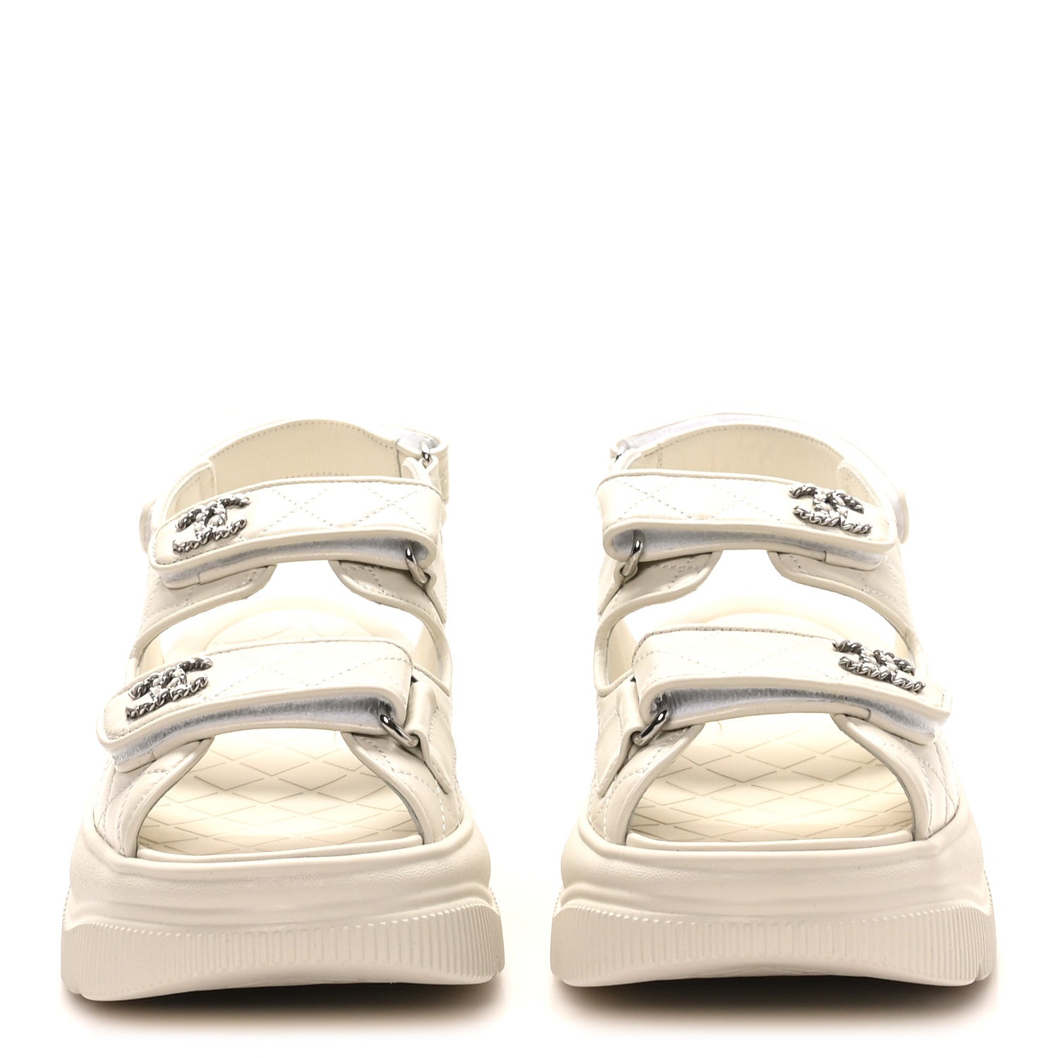 Shiny Calfskin Chain CC Velcro Dad Platform Sandals 39.5 White