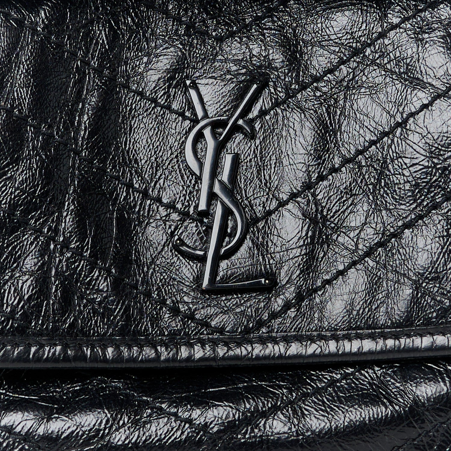 Crinkled Calfskin Matelasse Monogram Baby Niki Chain Satchel Black