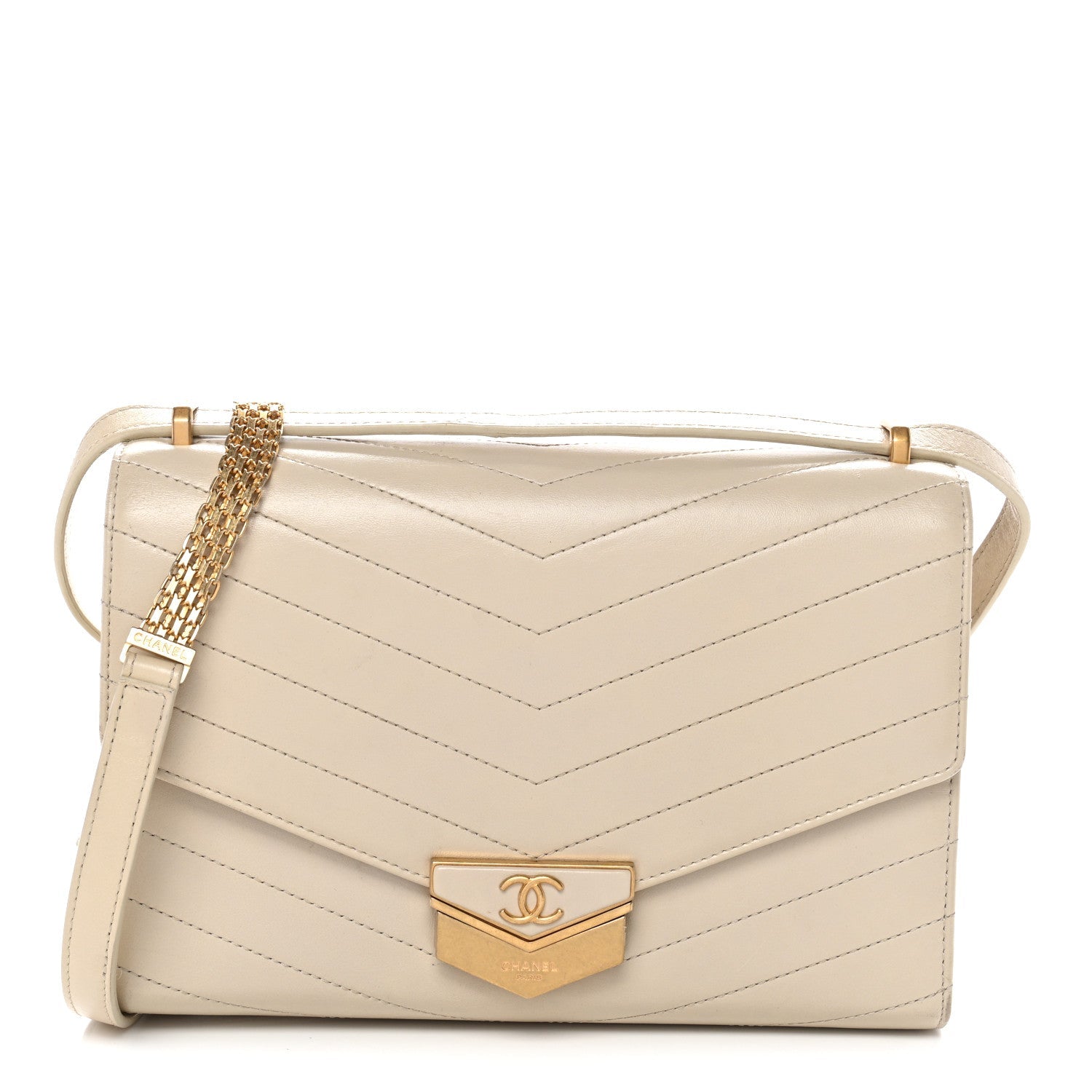 Calfskin Chevron Quilted Large Medal Flap Light Beige