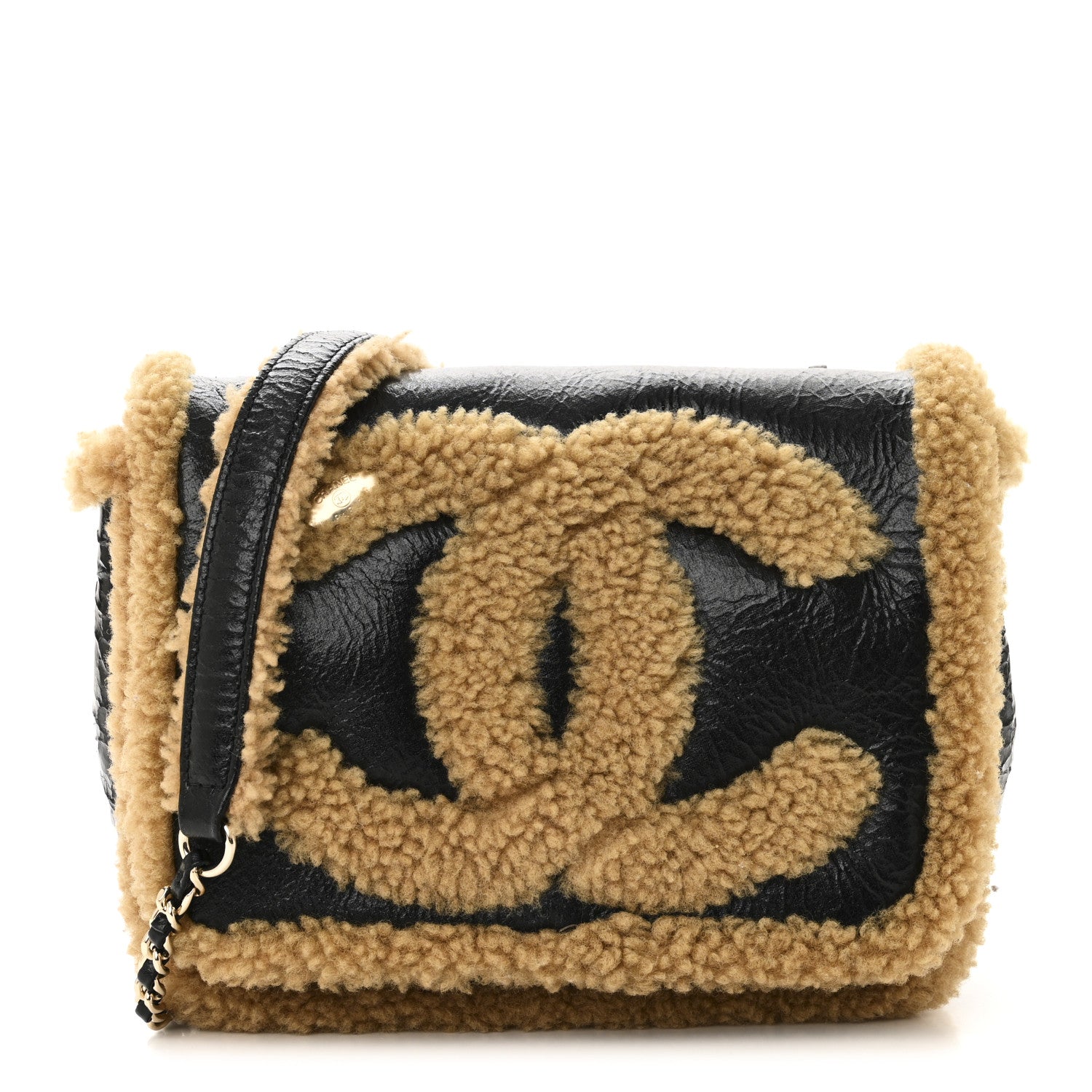 Shiny Crumpled Sheepskin Shearling CC Mania Flap Bag Black Beige