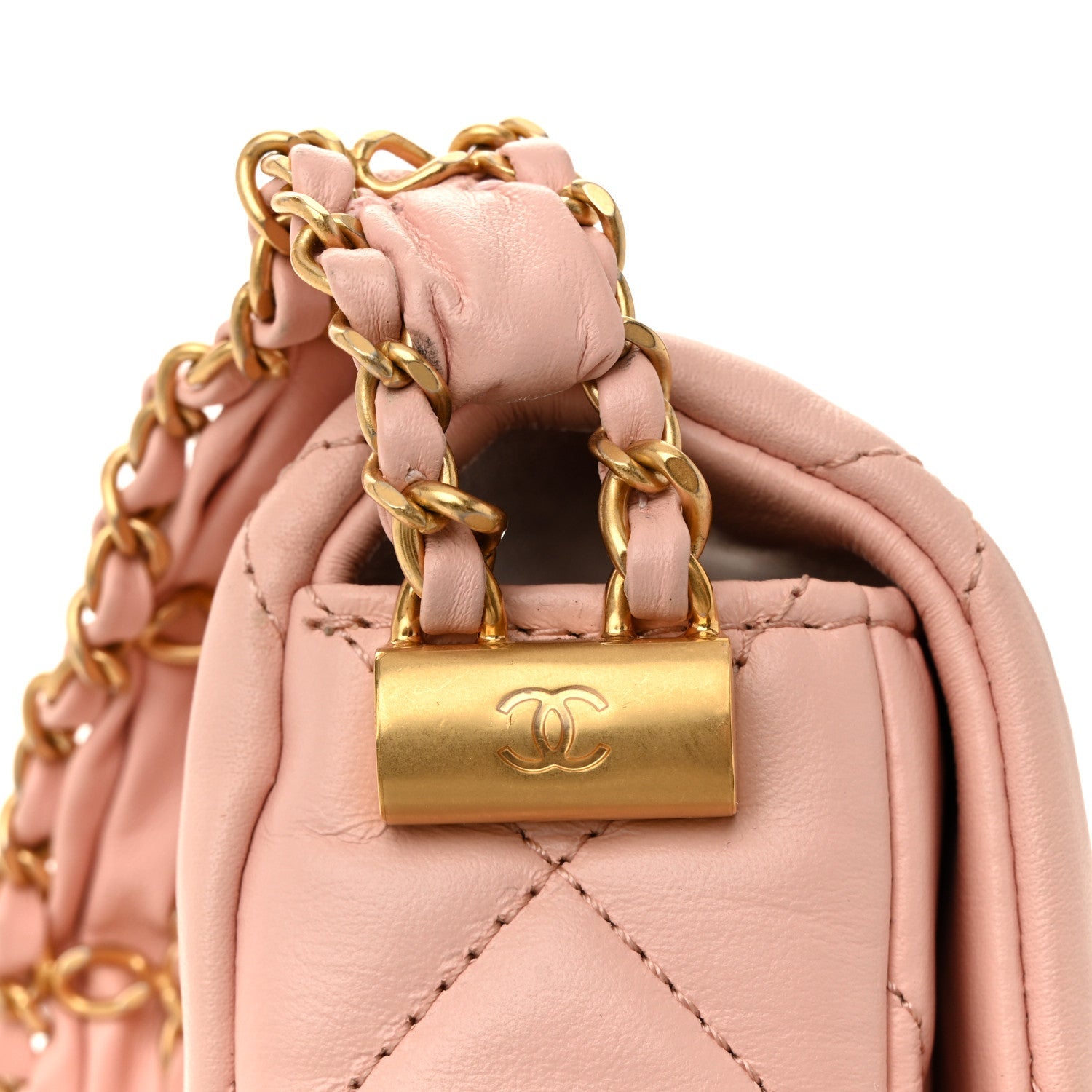 Crumpled Calfskin Quilted Braided CC Flap Light Pink