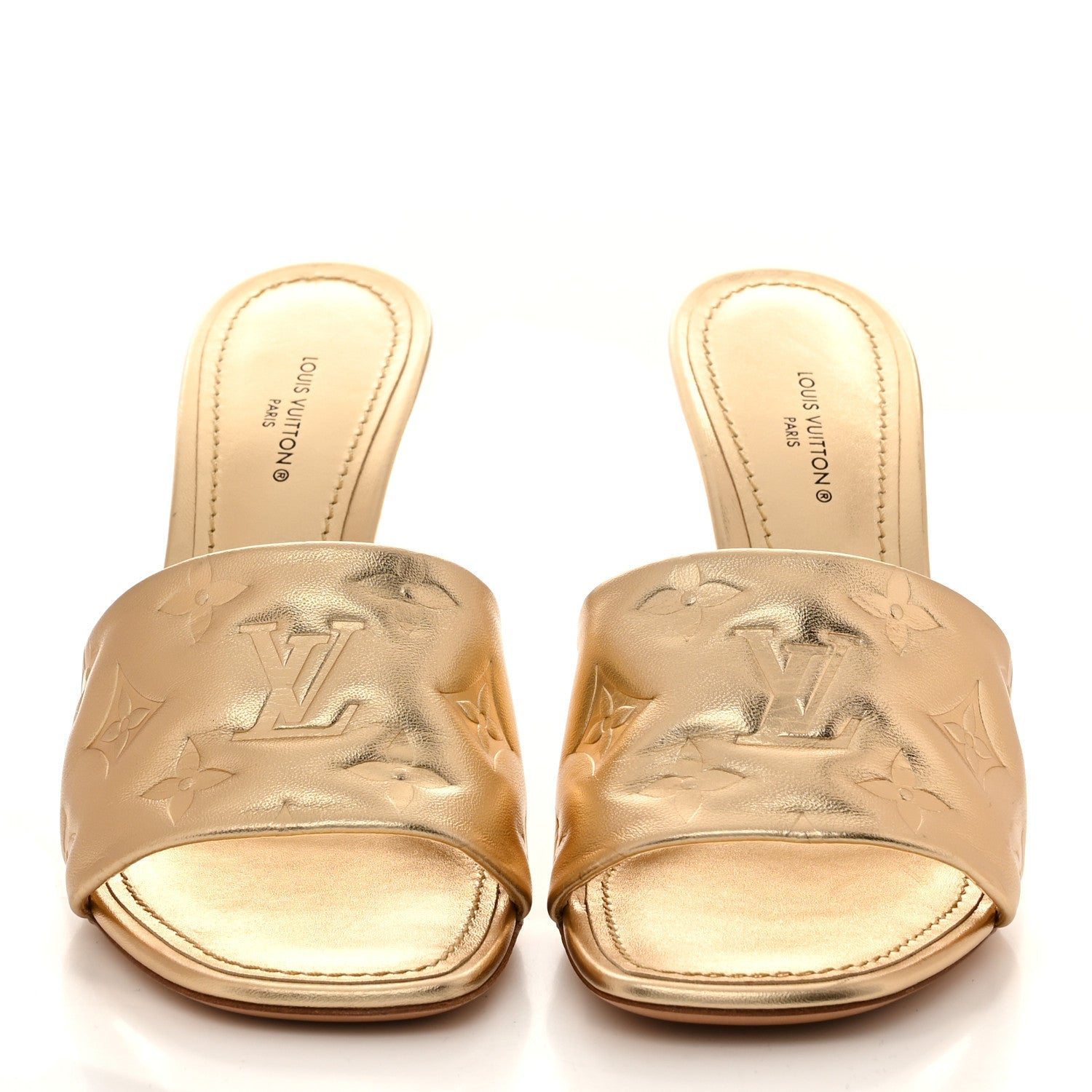 Metallic Lambskin Embossed Monogram Revival High Heel Mules 36.5 Gold