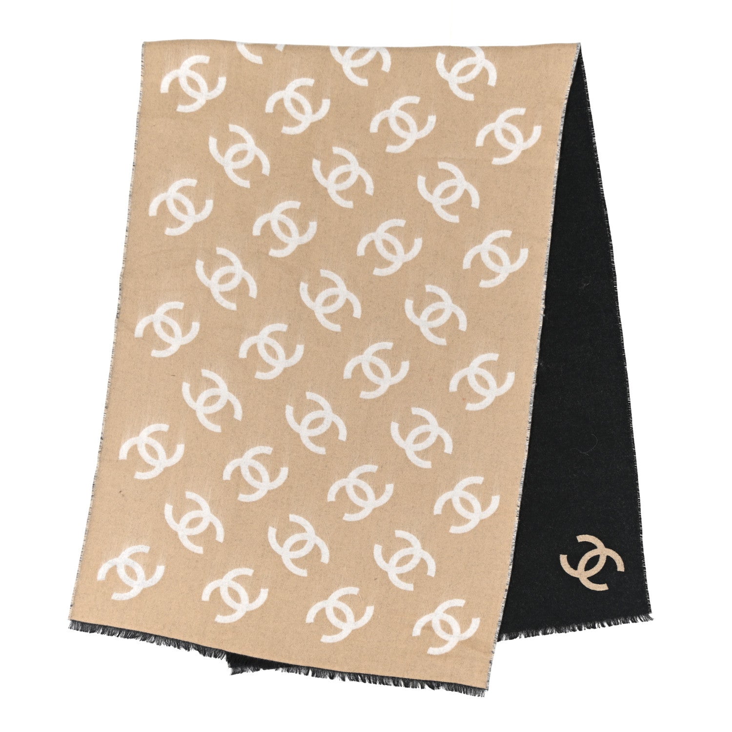 Cashmere Logo Stole Fringe Beige Black