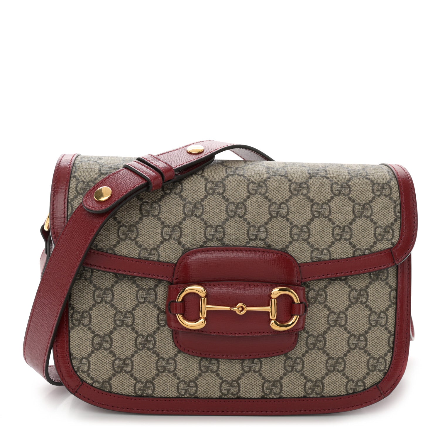 GG Supreme Monogram Azalea Calfskin Horsebit 1955 Shoulder Bag Beige Ebony New Cherry Red