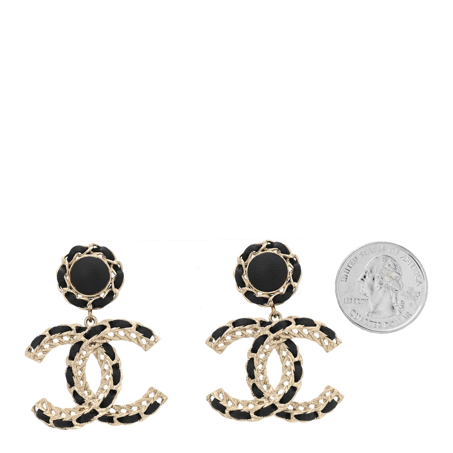 Lambskin CC Chain Drop Earrings Black Gold