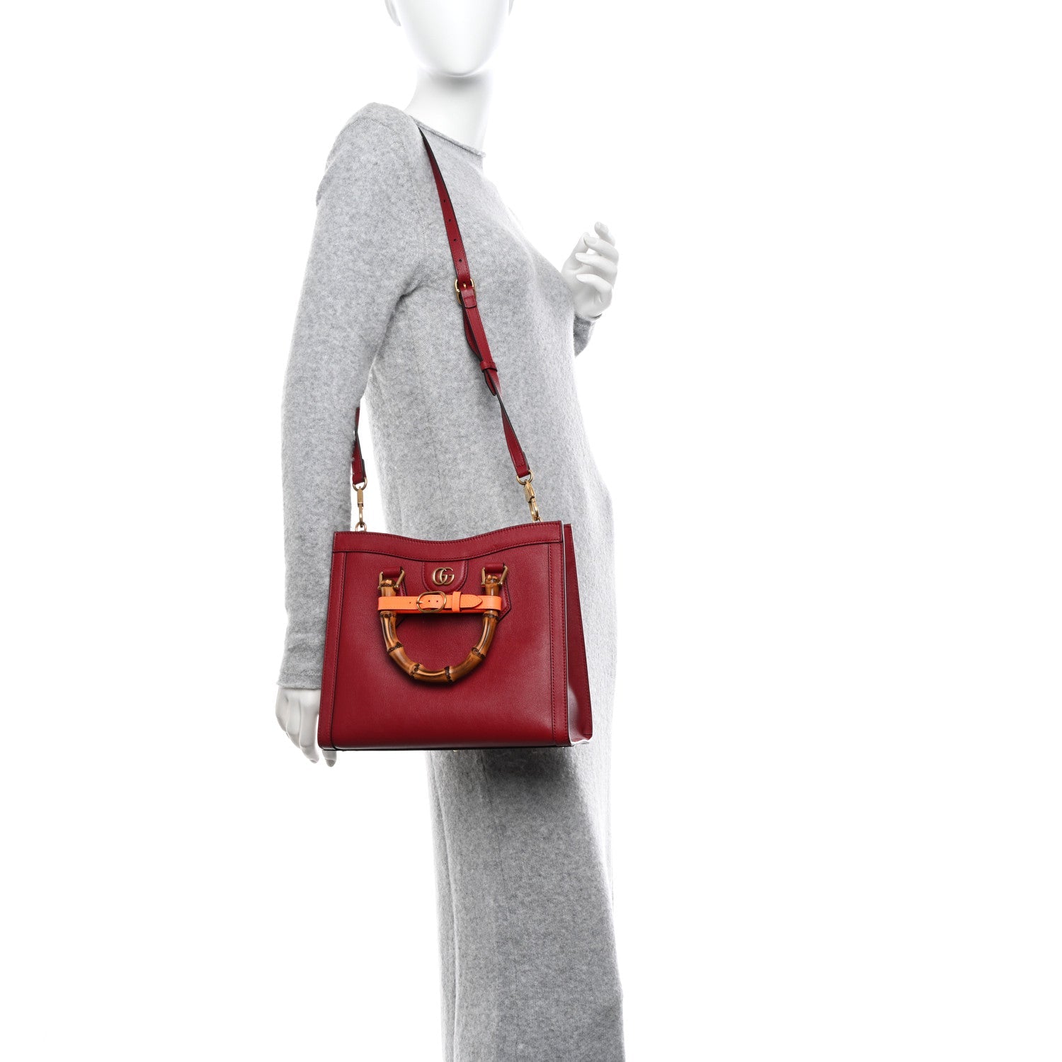 Textured Dollar Calfskin Web Small Diana Tote Bag Dark Red