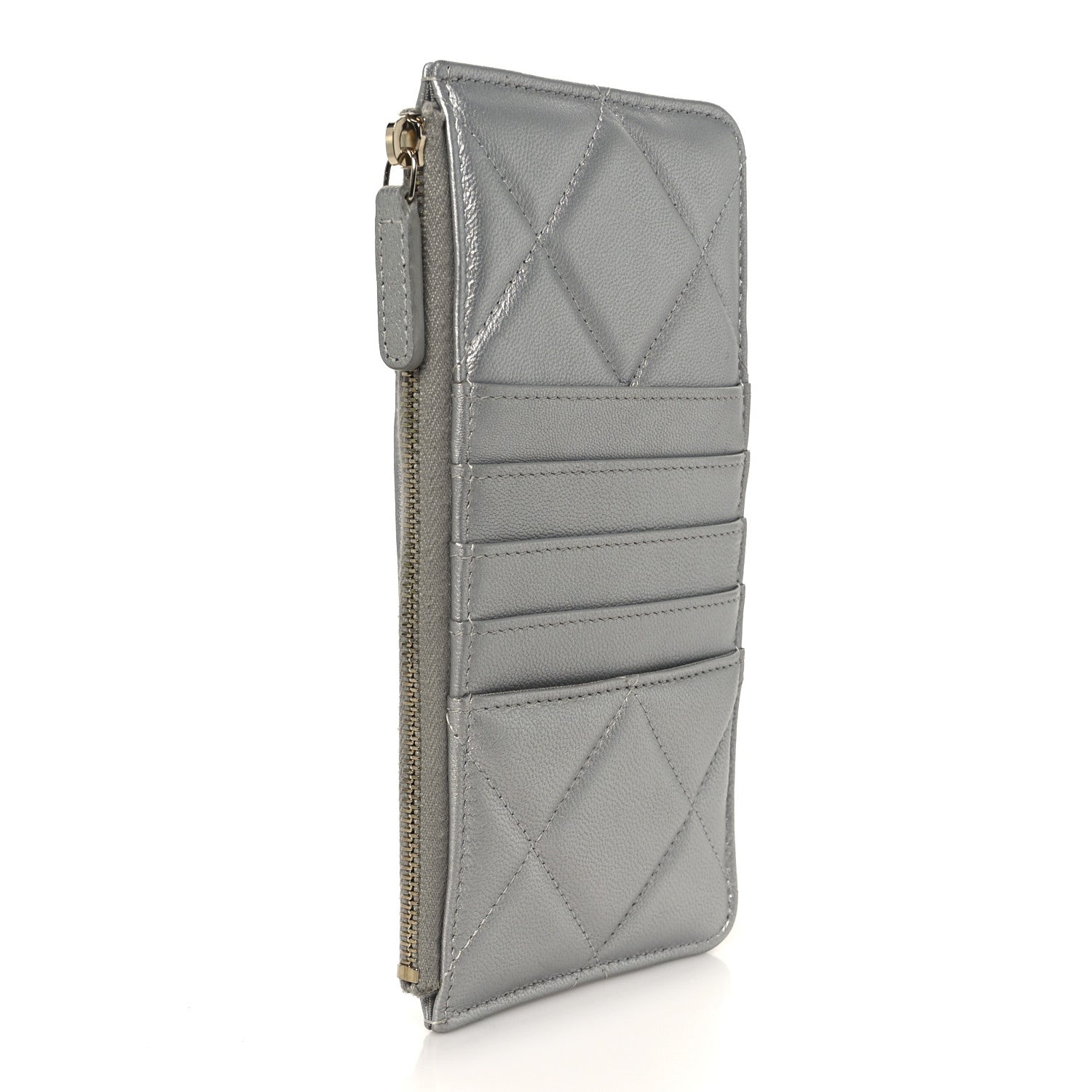 Lambskin Quilted Chanel 19 Phone and Card Holder Silver