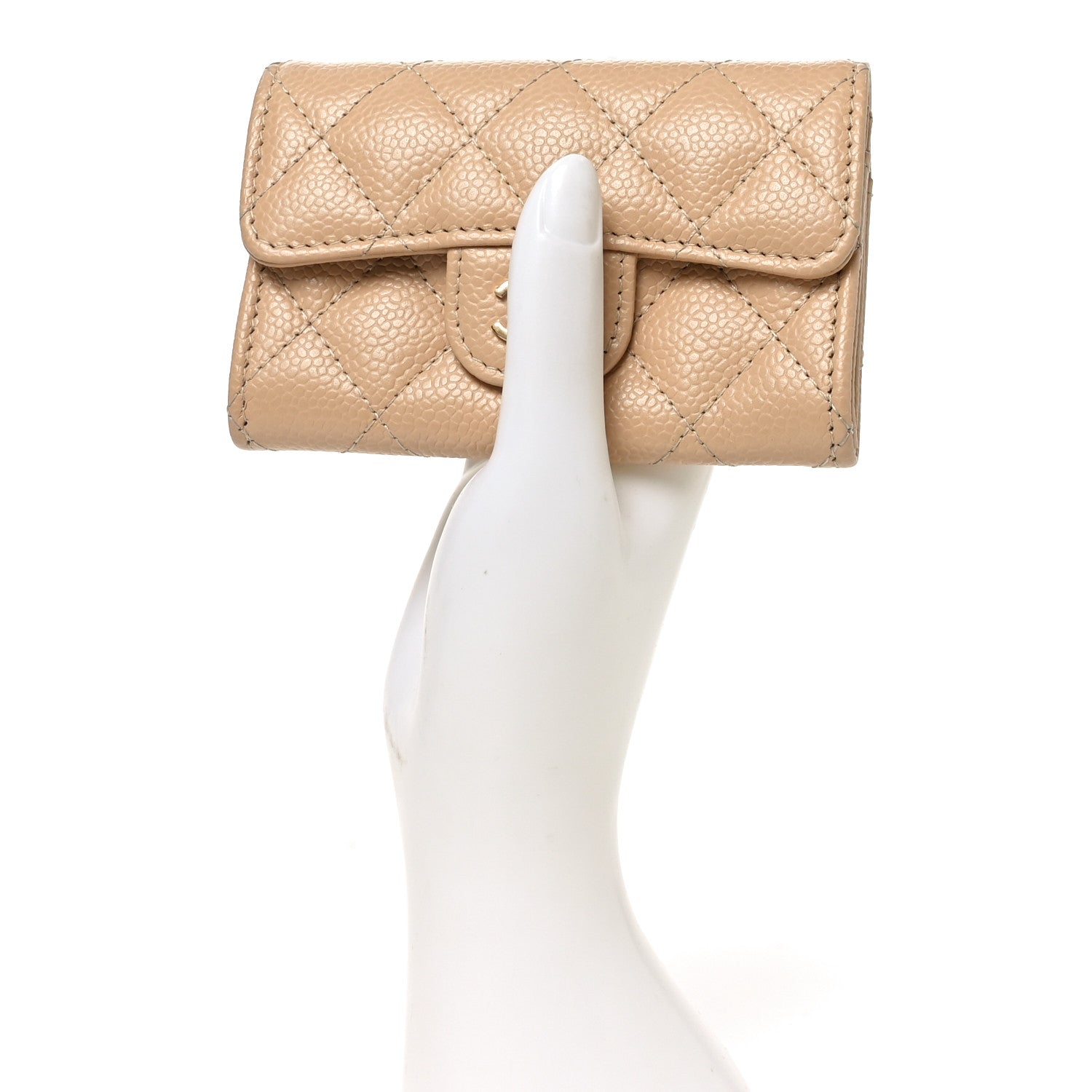 Caviar Quilted Flap Card Holder Wallet Beige