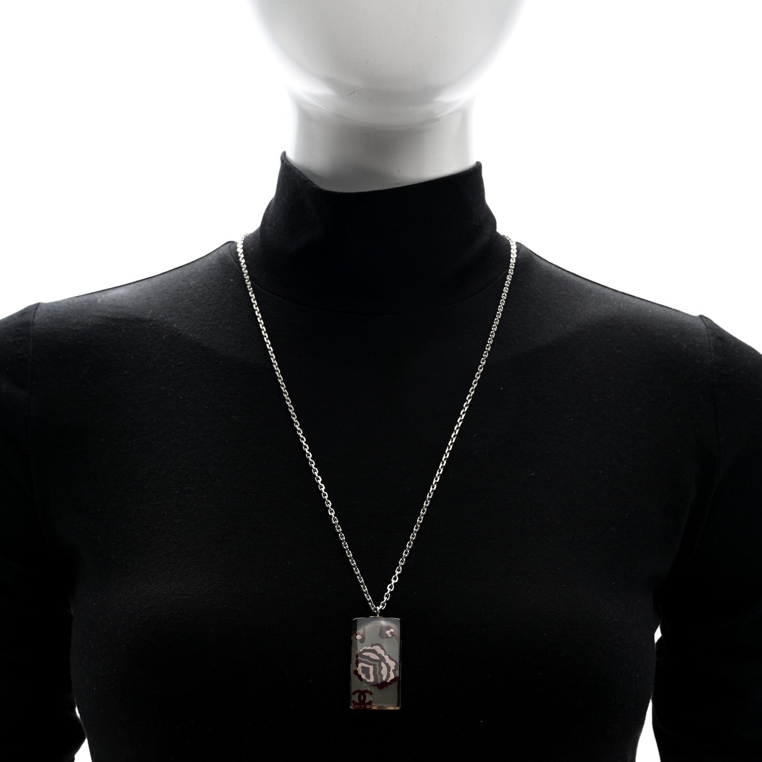 Metal Resin Camellia CC Chain Necklace Silver