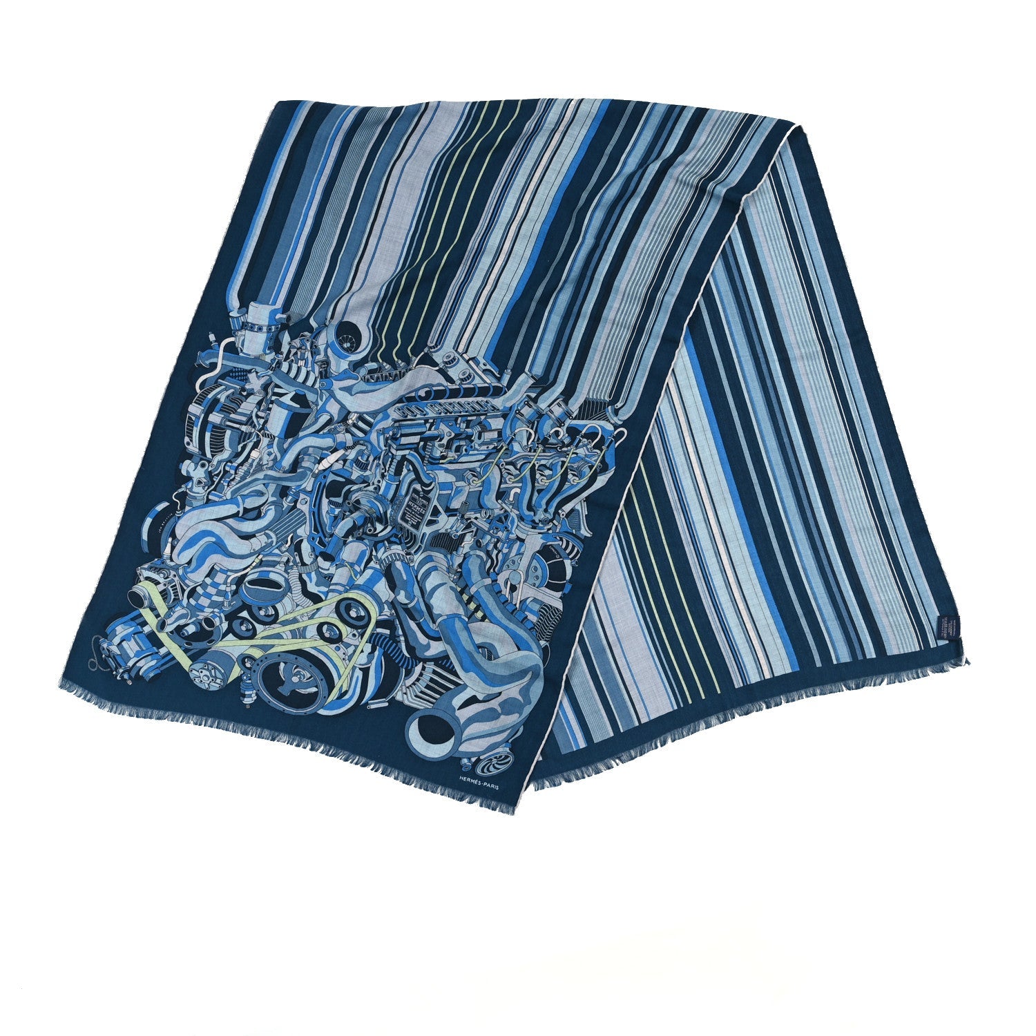 Cashmere Silk 600 Chevaux Rectangle Scarf Marine Gris Chine