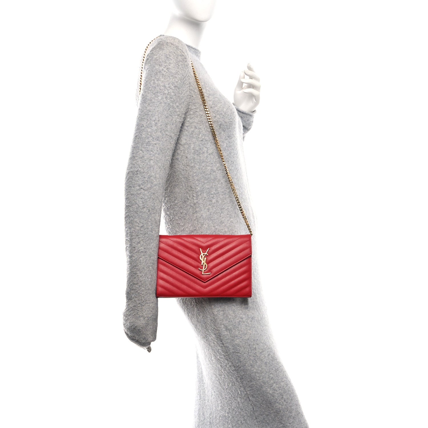 Grain De Poudre Matelasse Chevron Monogram Chain Wallet Red