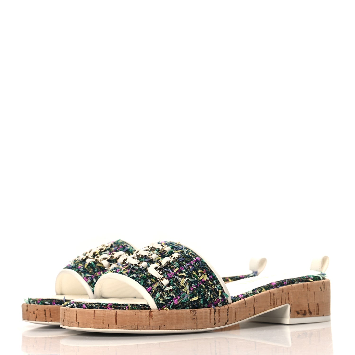 Tweed Cork CC Chain Mule Sandal 36.5 Green Multicolor