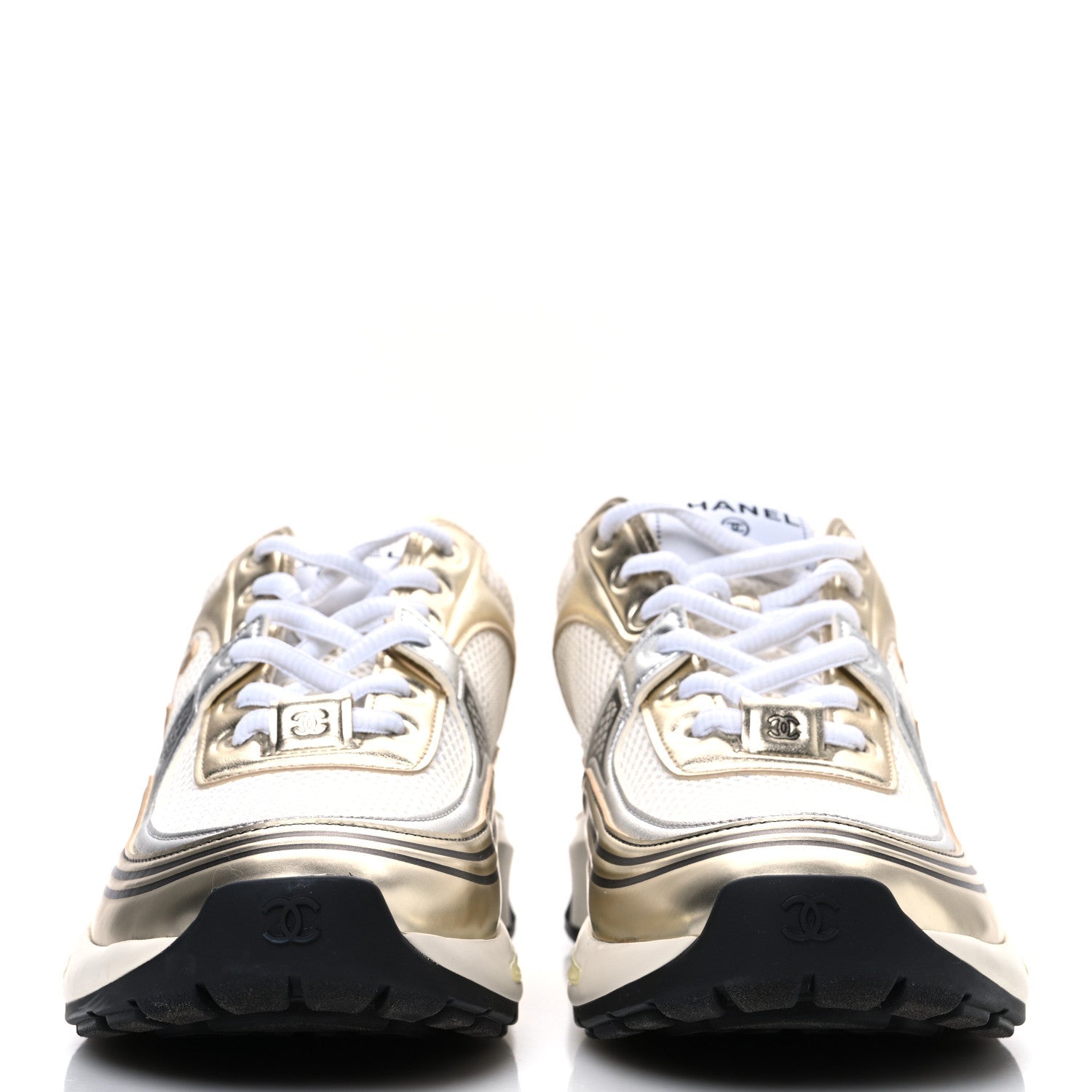 Fabric Laminated Calfskin Stretch CC Womens Sneakers 39.5 White Silver