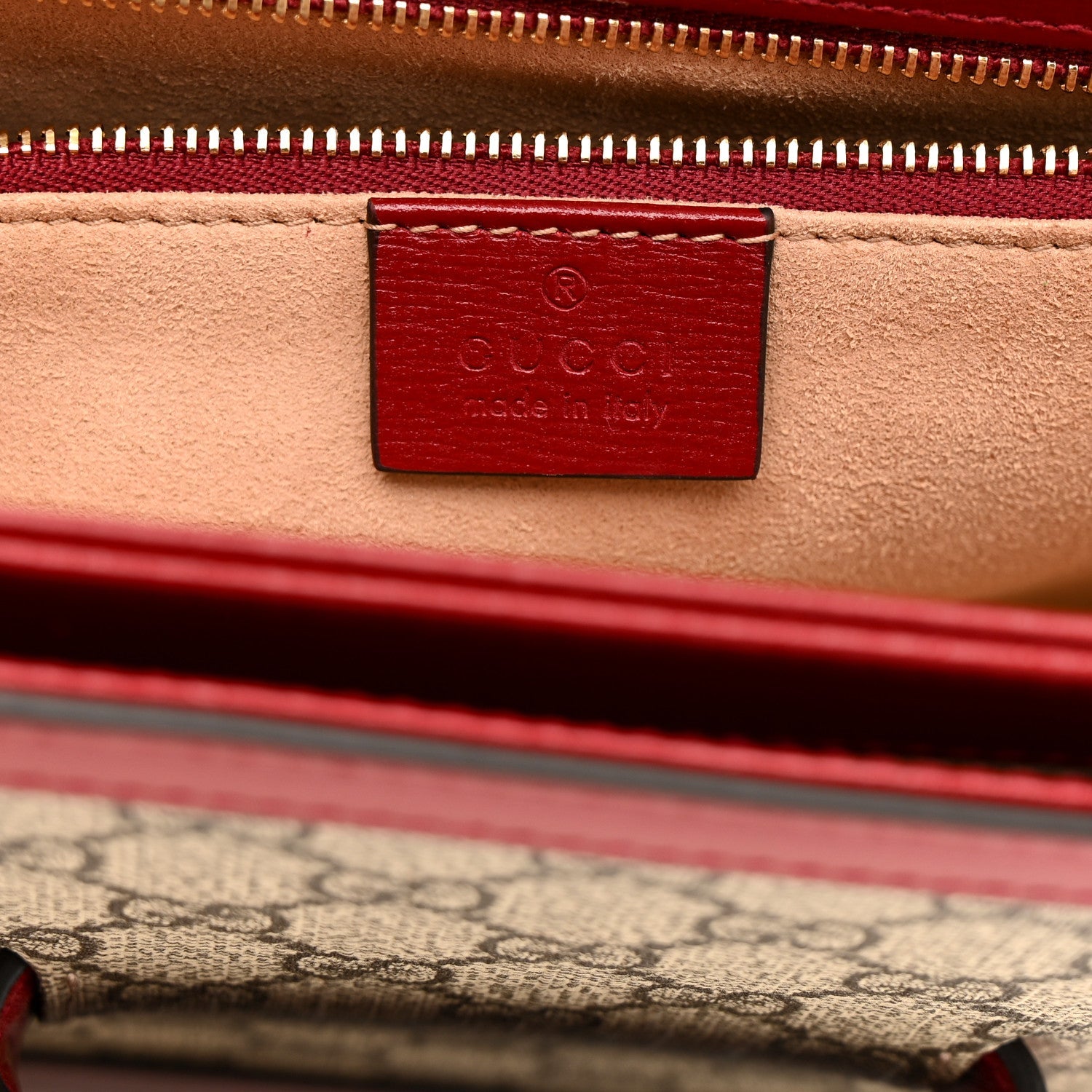 GG Supreme Monogram Azalea Calfskin Horsebit 1955 Shoulder Bag Beige Ebony New Cherry Red