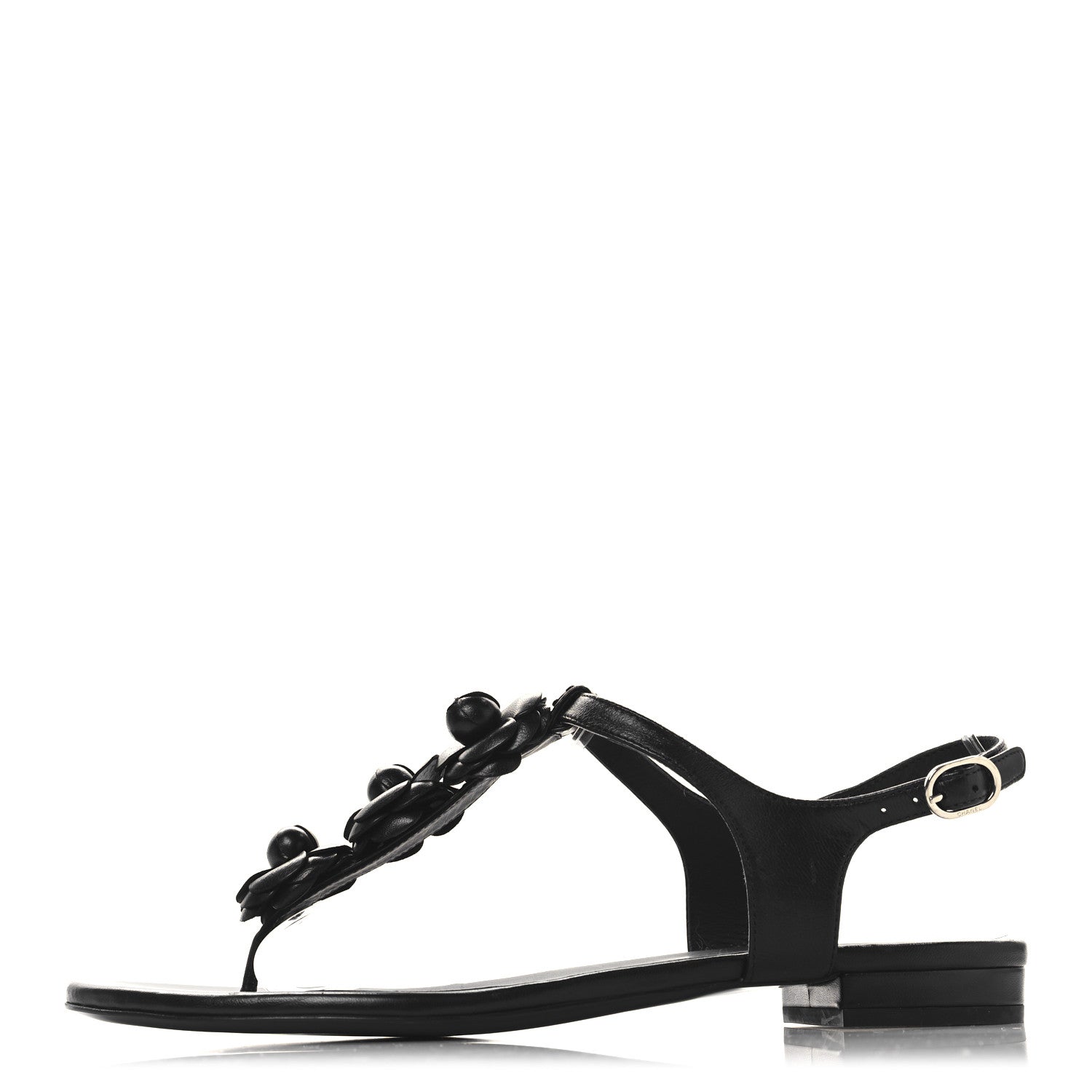 Calfskin Camellia Thong Sandals 39.5 Black