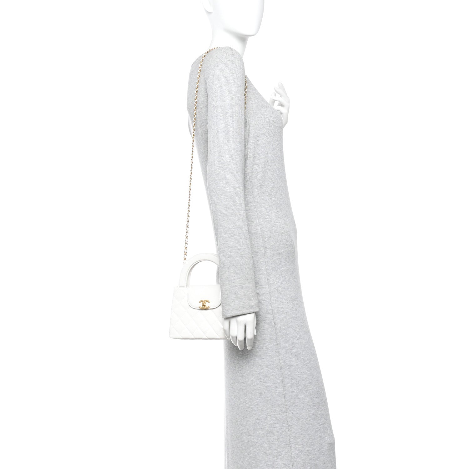 Shiny Aged Calfskin Quilted Nano Kelly Shopper White