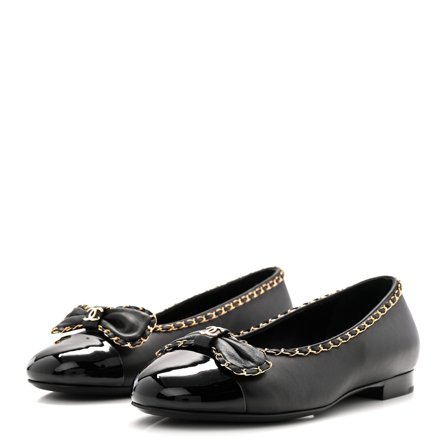 Lambskin Patent Cap Toe Chain Around Ballerina Flats 36 Black