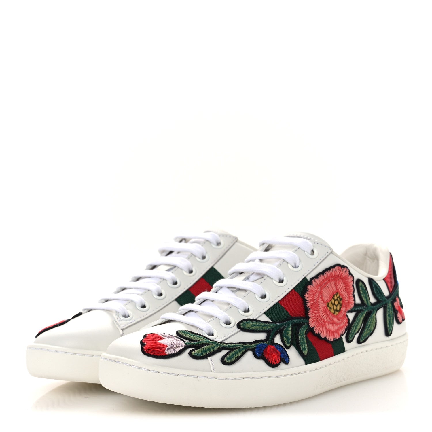 Calfskin Web Floral Embroidered Womens Ace Sneakers 35 White