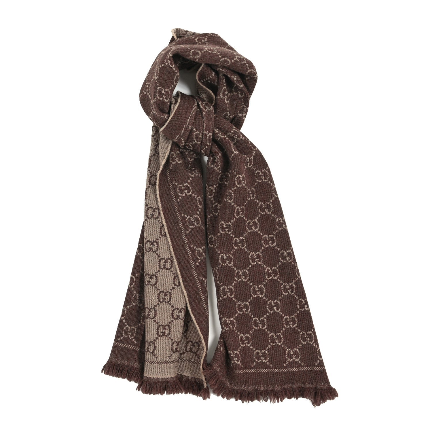 Wool Jacquard GG Monogram Sten Fringe Scarf Light Brown