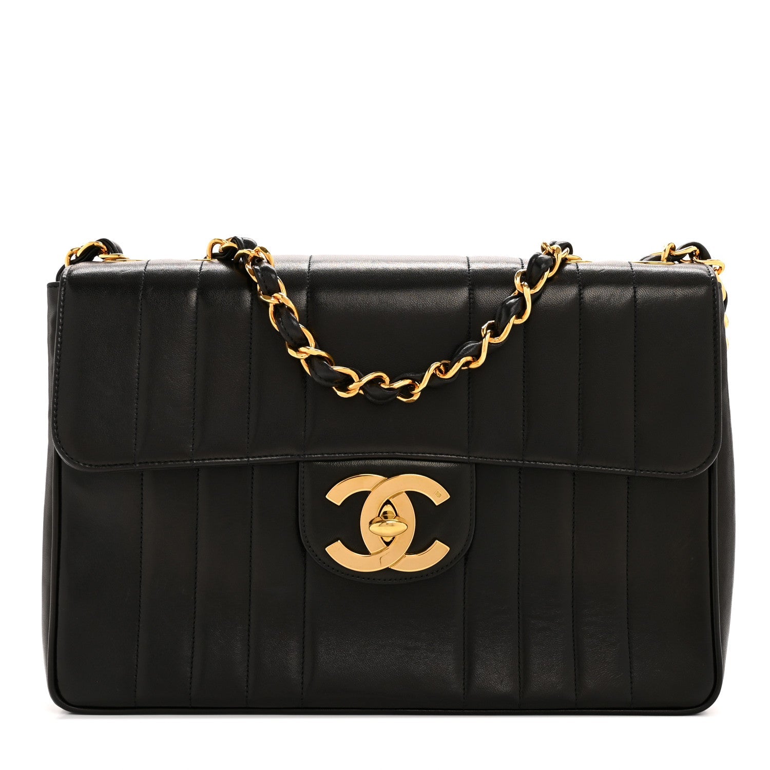 Lambskin Vertical Quilt Jumbo Single Flap Black
