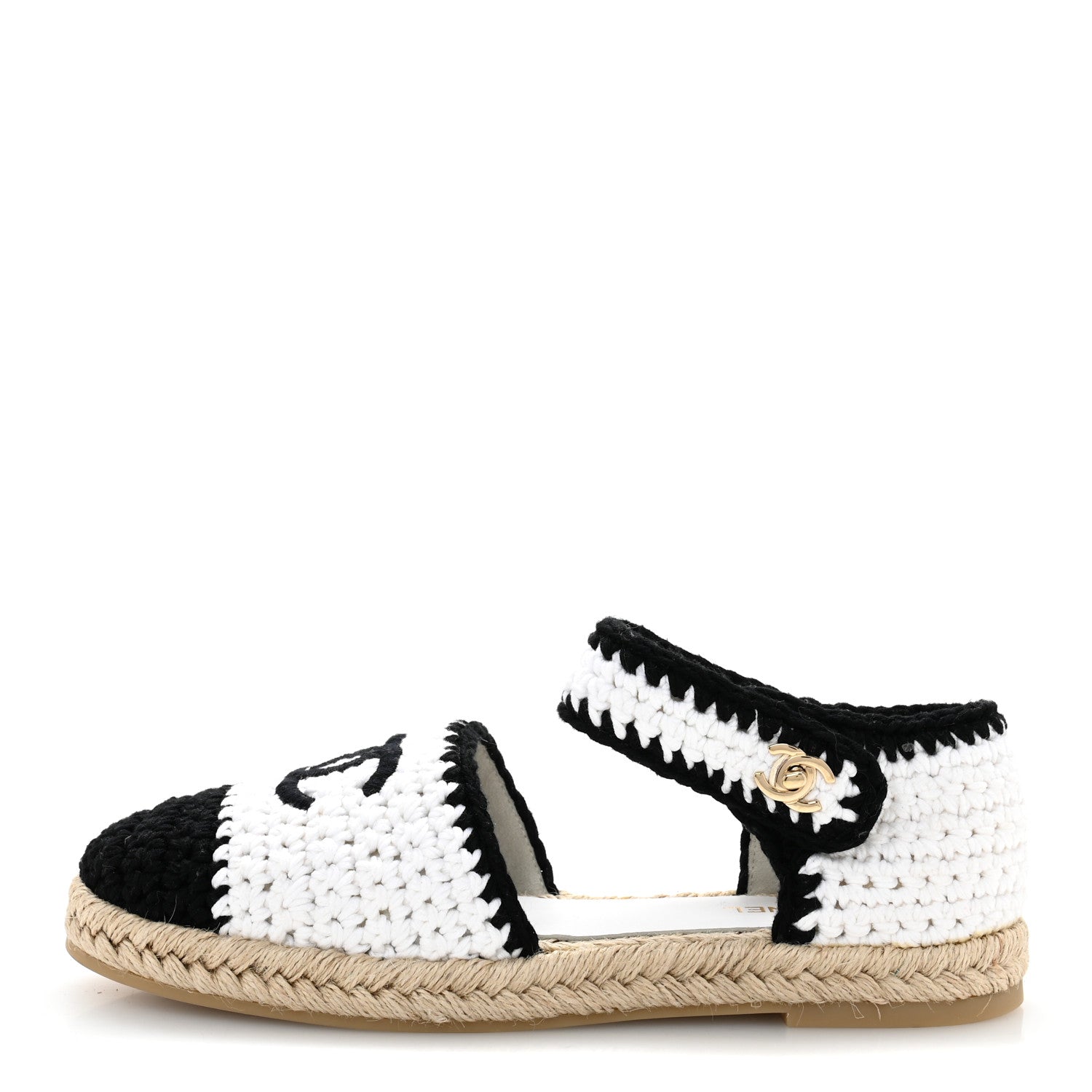 Braided Knit Cap Toe CC Ankle Strap Espadrilles 39 White Black