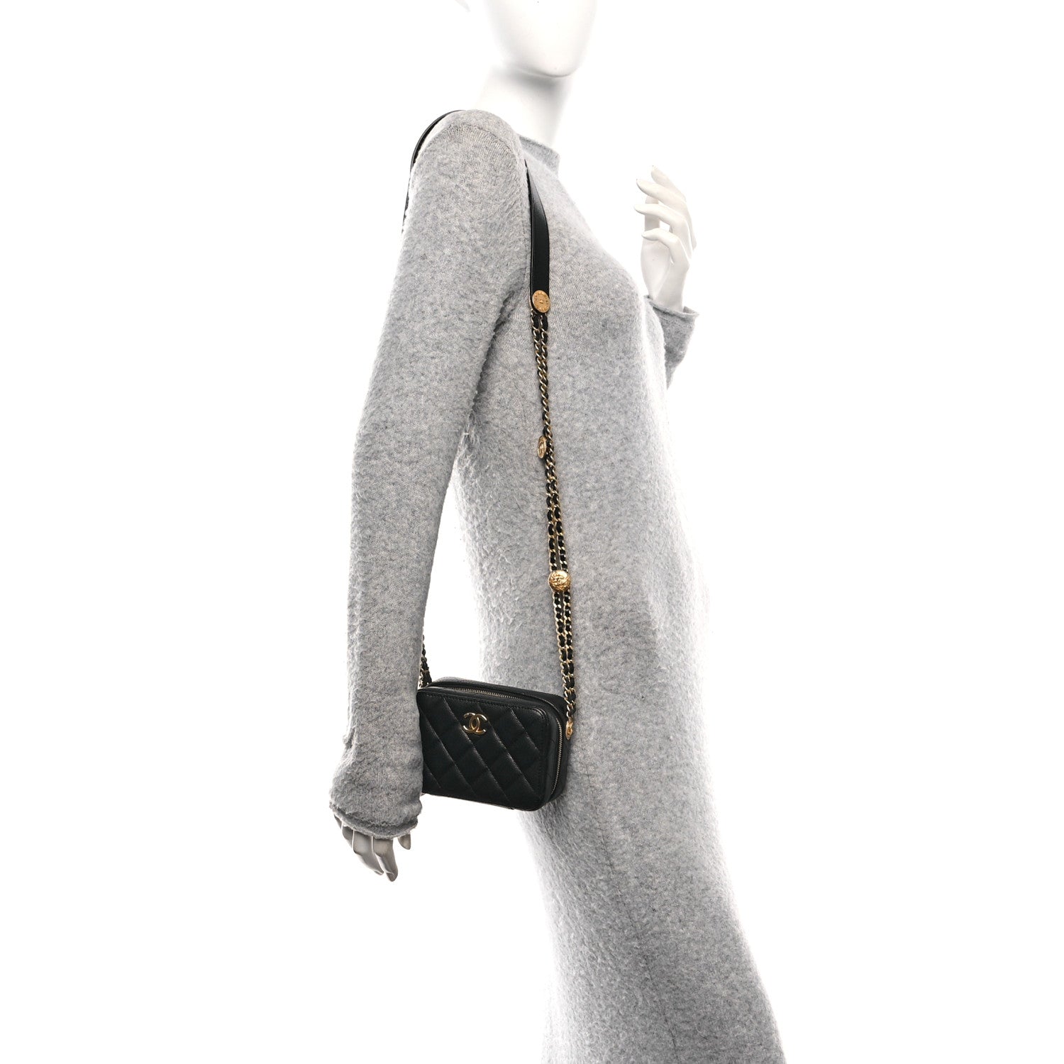 Caviar Quilted Twist Your Buttons Clutch With Chain Black