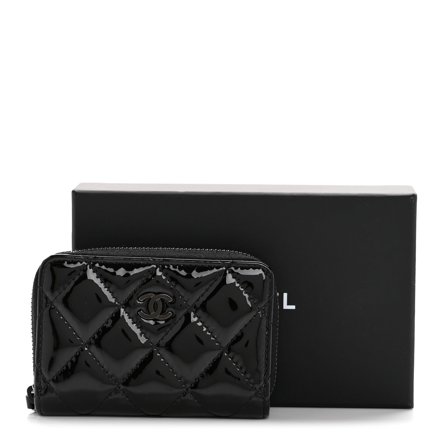 Patent Calfskin Quilted Zip Coin Purse Wallet So Black