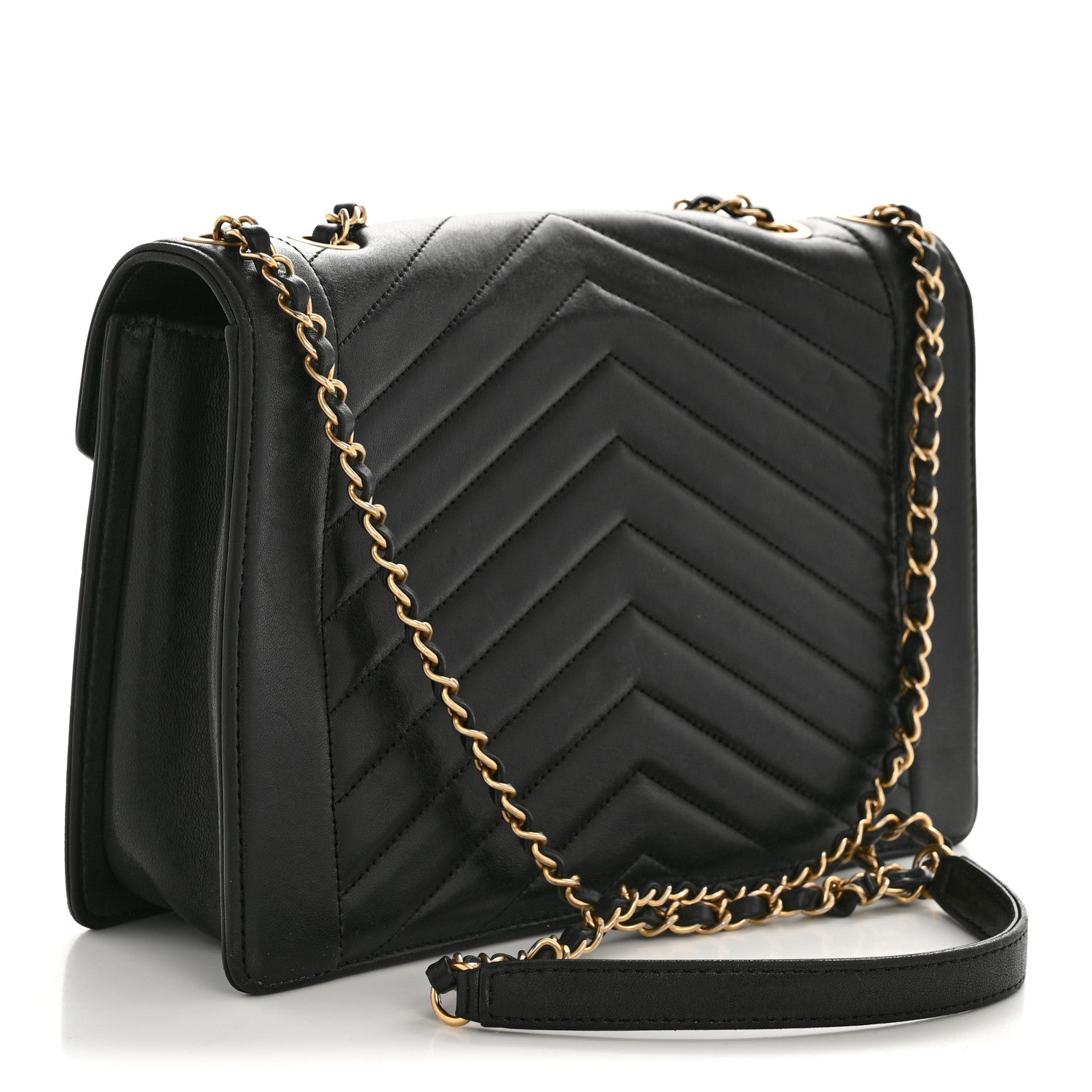 Lambskin Reversed Chevron Quilted Flap Black