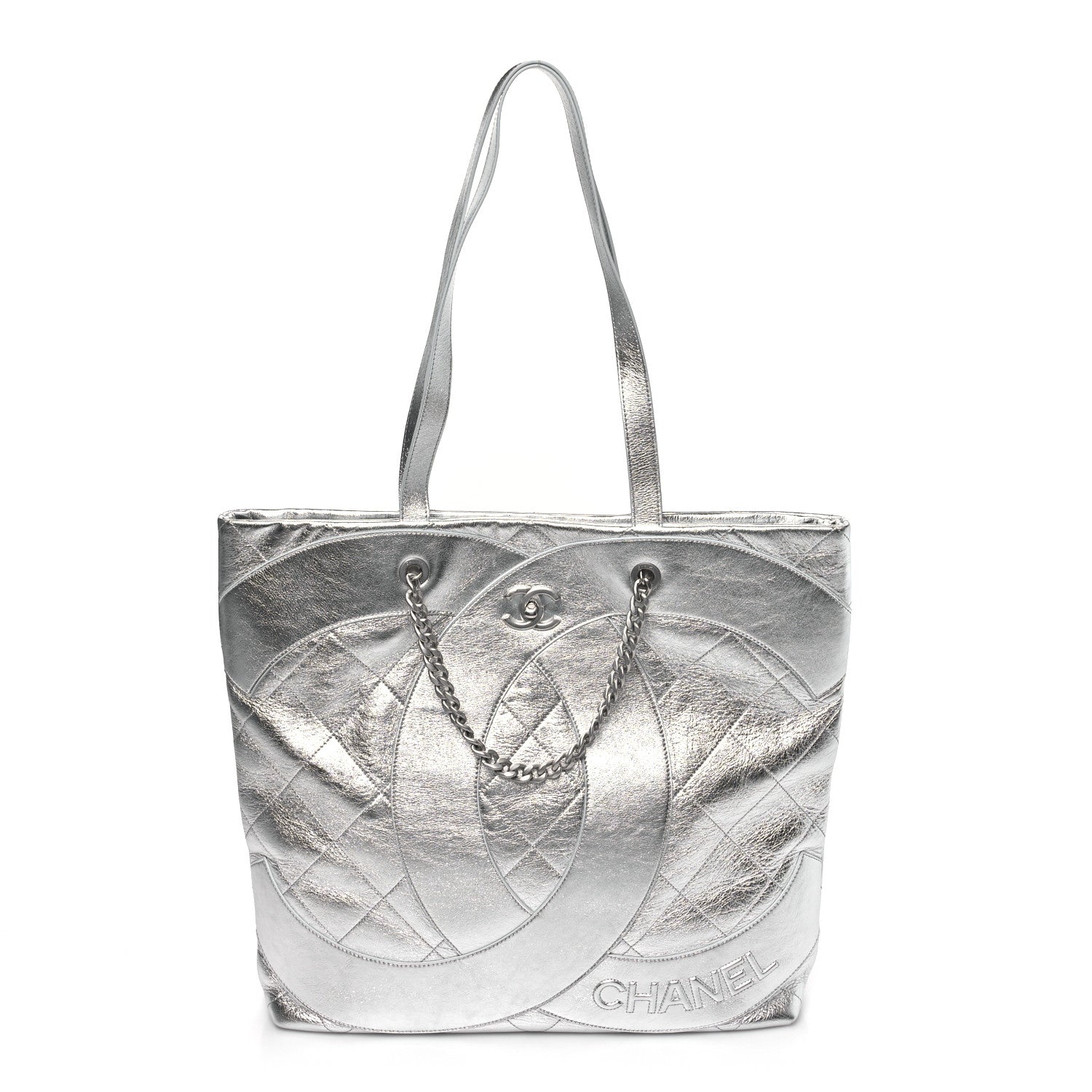 Metallic Calfskin Stitched CC Shopper Tote Silvery