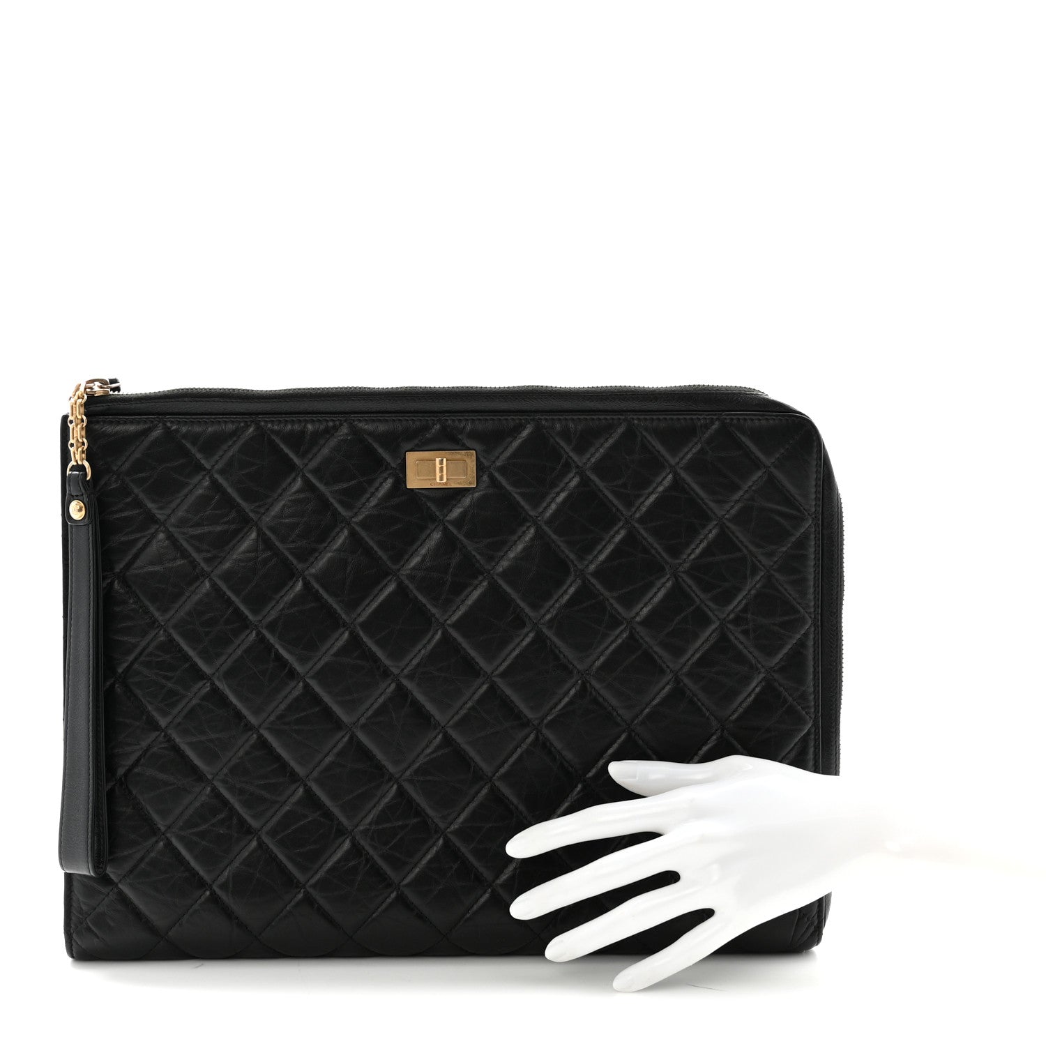 Aged Calfskin Quilted 2.55 Reissue Pouch With Handle Black