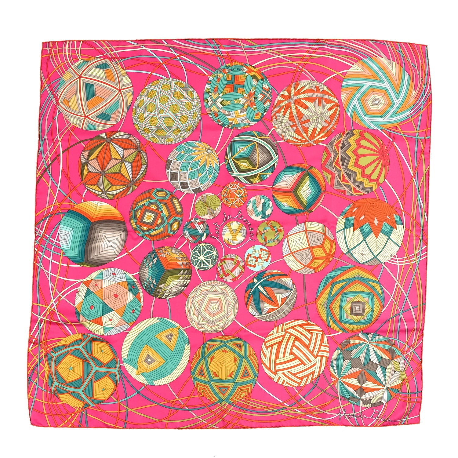 Silk L'Art Du Temari Scarf 90 Orange Fuchsia Vert