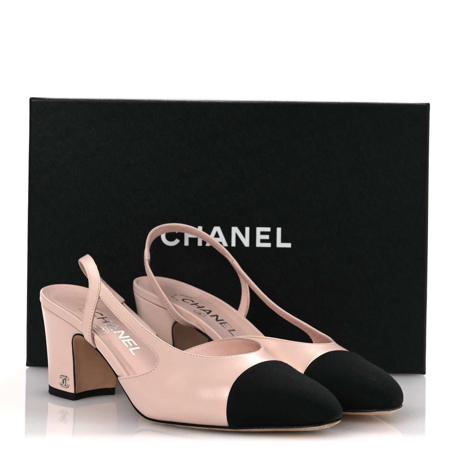 Calfskin Grosgrain Cap Toe CC Slingback Pumps 39 Light Pink Black