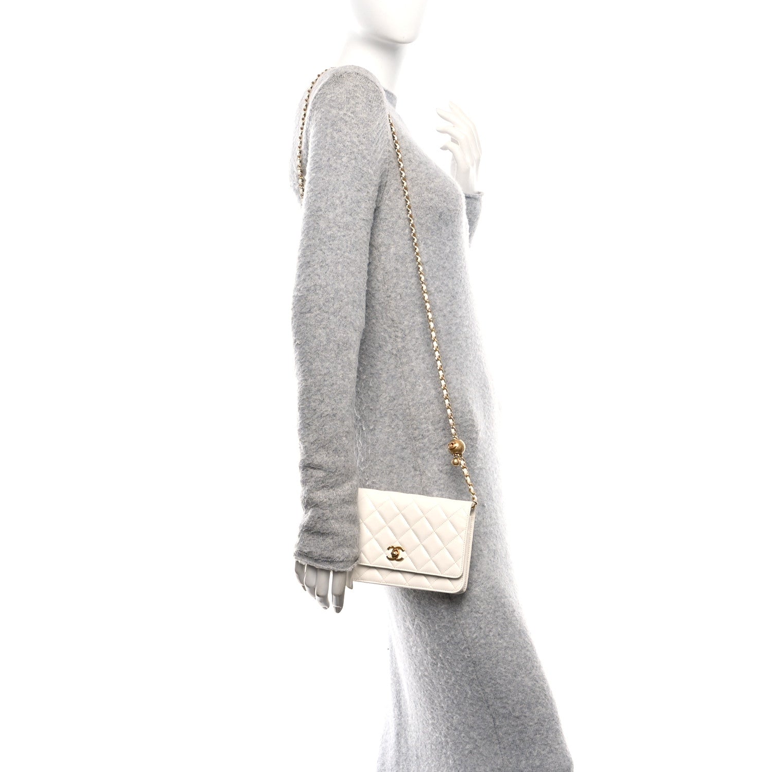 Lambskin Quilted CC Pearl Crush Wallet on Chain WOC White