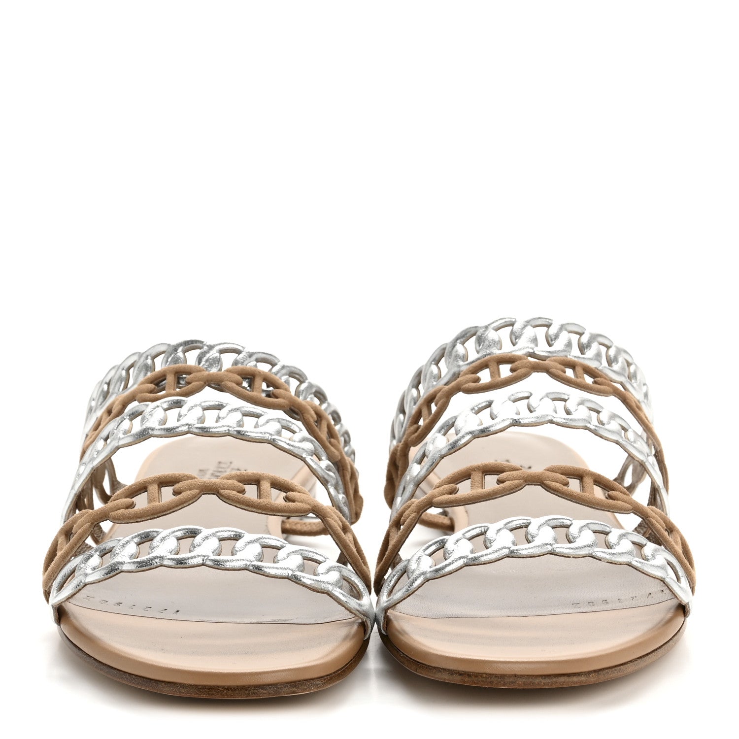 Metallic Nappa Suede Chaine d'Ancre Nude Sandals 36 Beige Sable Gris Argente