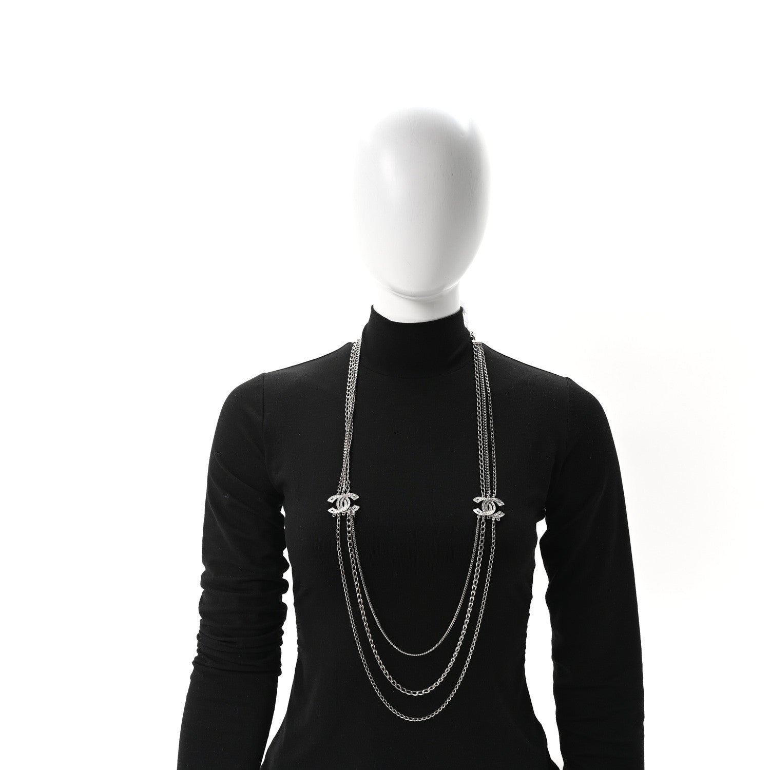 Crystal CC Multi Strand Long Chain Necklace Silver