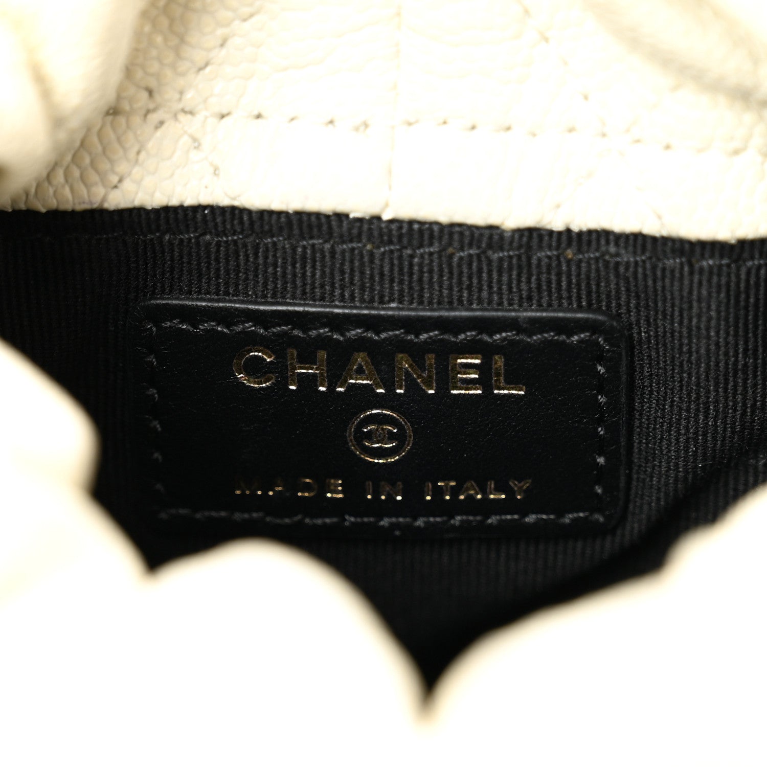 Caviar Quilted Coco First Bucket Clutch With Chain White
