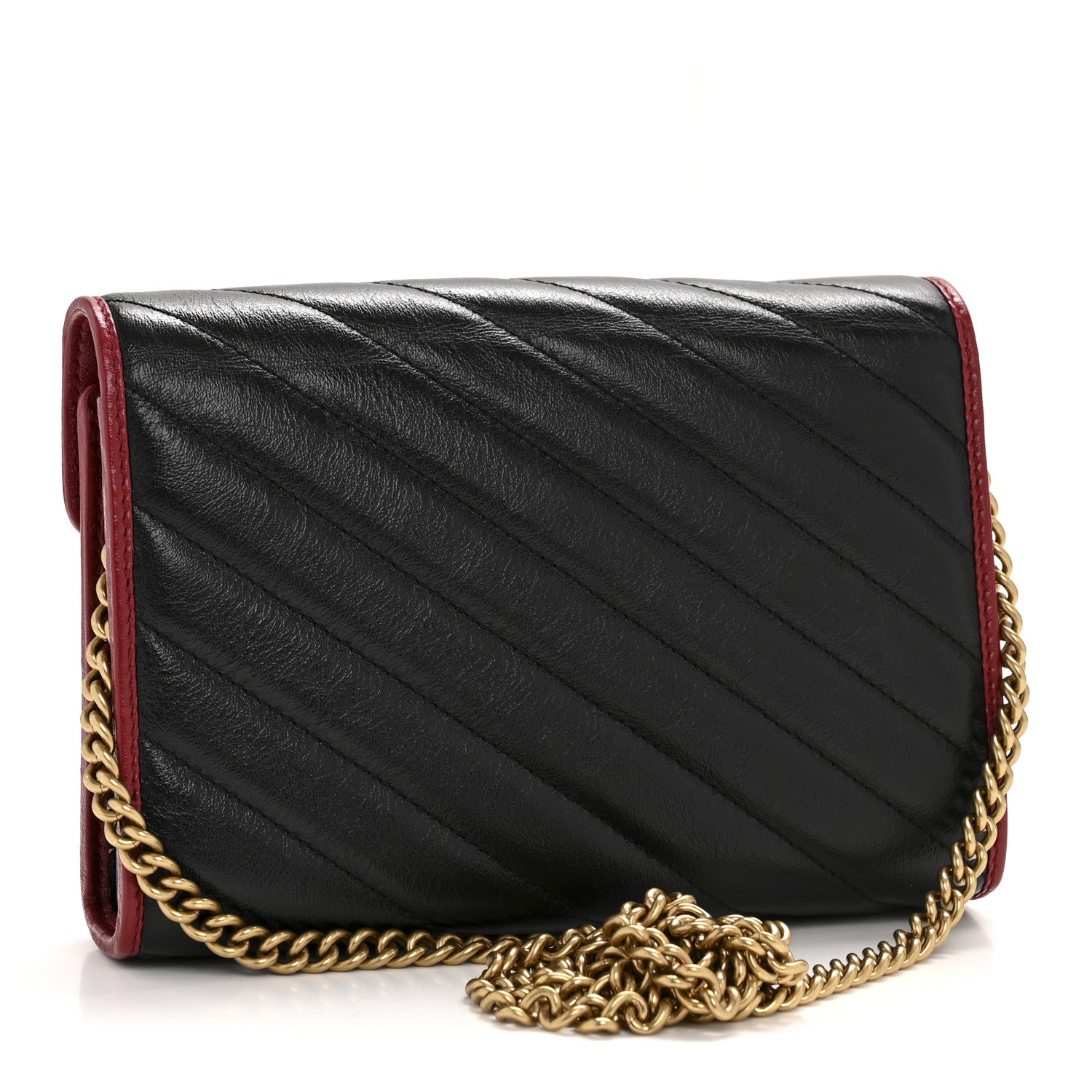 Vintage Effect Calfskin Matelasse Diagonal Torchon GG Marmont Chain Wallet Black Romantic Cherry