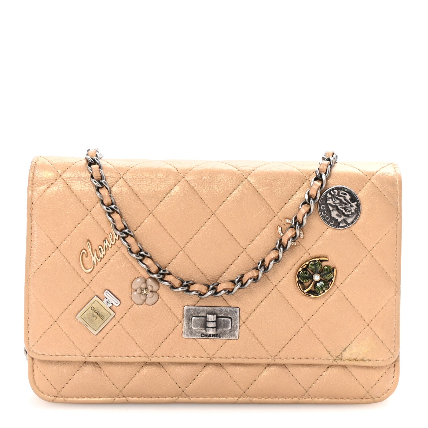 Metallic Calfskin Lucky Charms Casino 2.55 Reissue Wallet On Chain WOC Beige