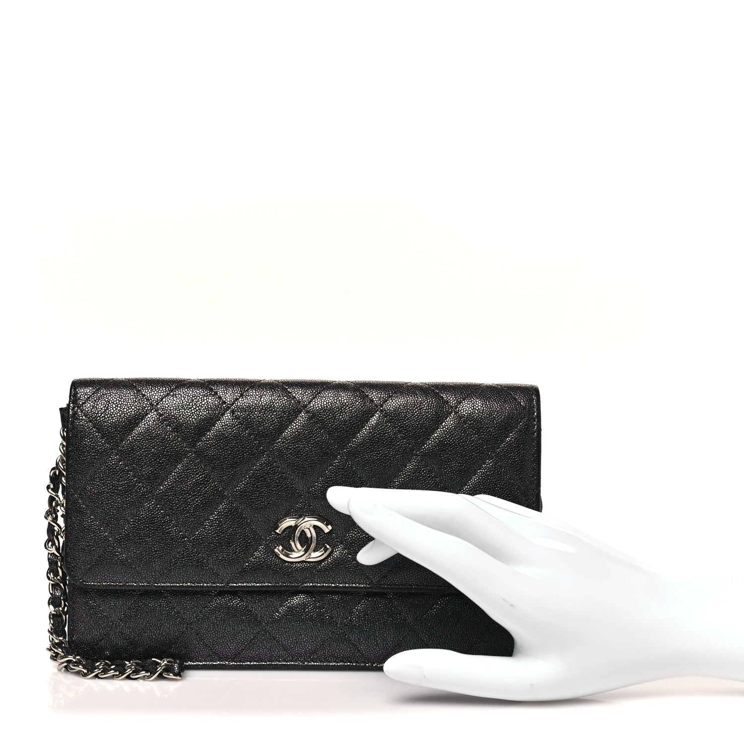 Iridescent Caviar Quilted Classic Pouch Clutch Black