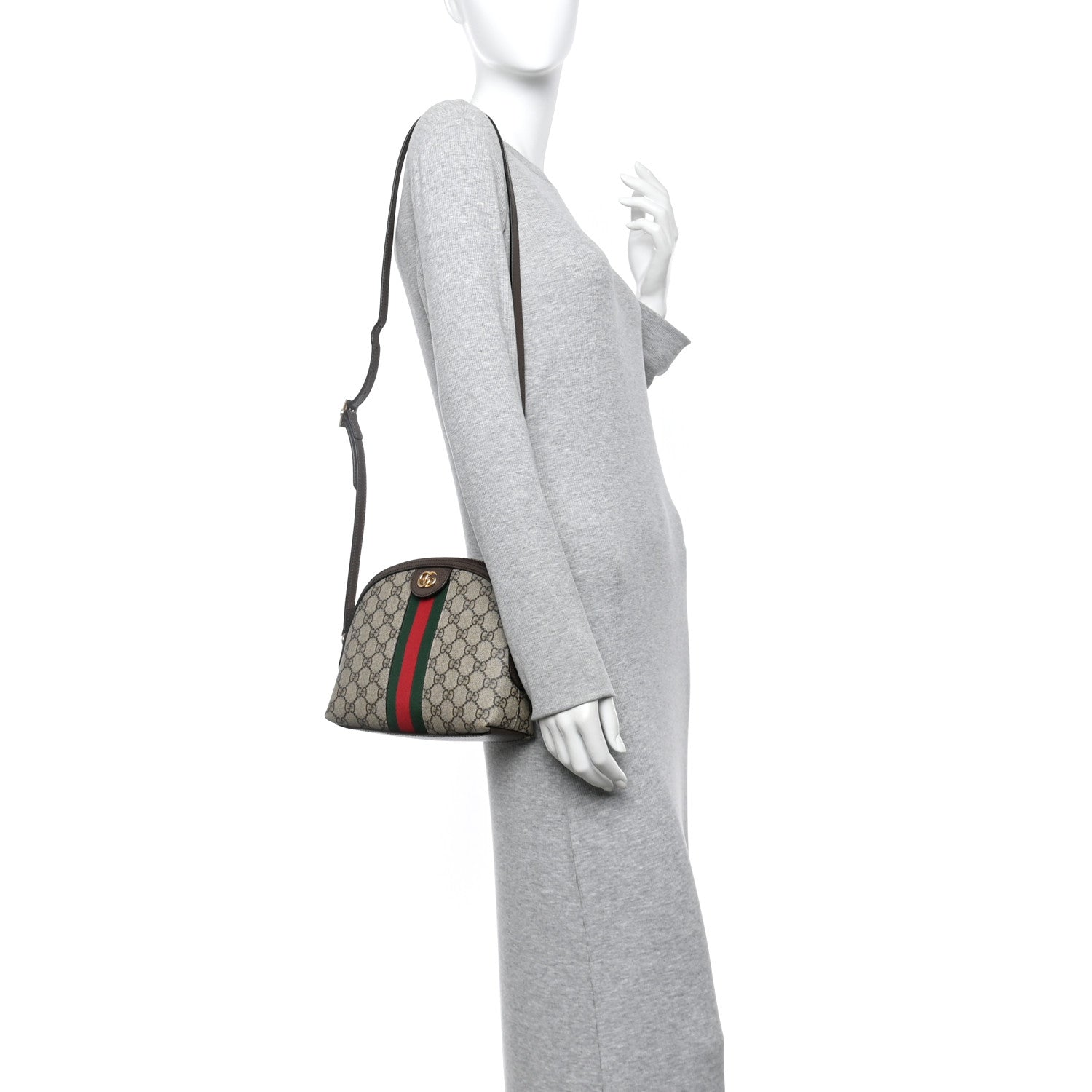 GG Supreme Monogram Textured Dollar Calfskin Web Small Ophidia Dome Shoulder Bag Beige Ebony New Acero