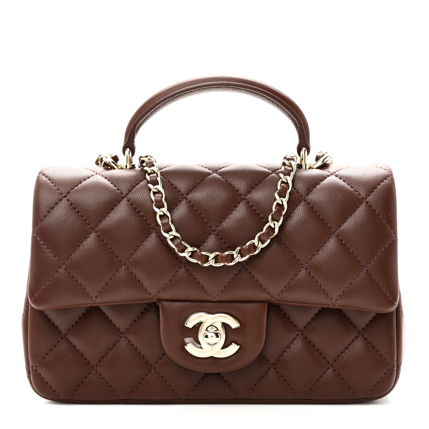 Lambskin Quilted Mini Top Handle Rectangular Flap Dark Brown